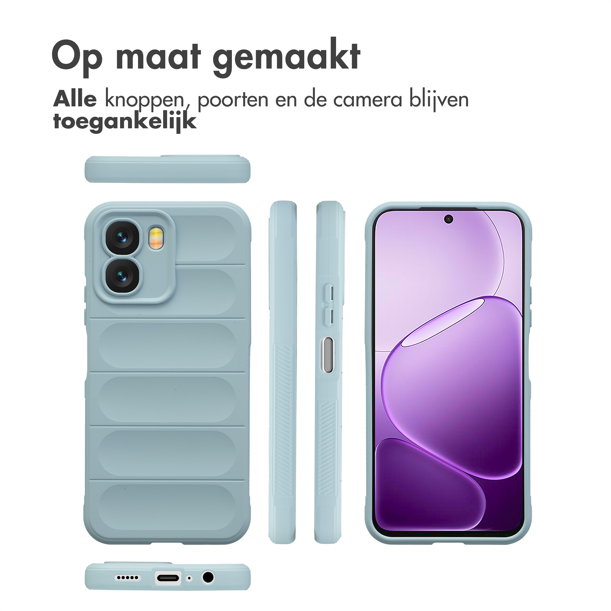 Lichtblauwe telefoonhoes met camera- en poorttoegang, zijaanzichten.