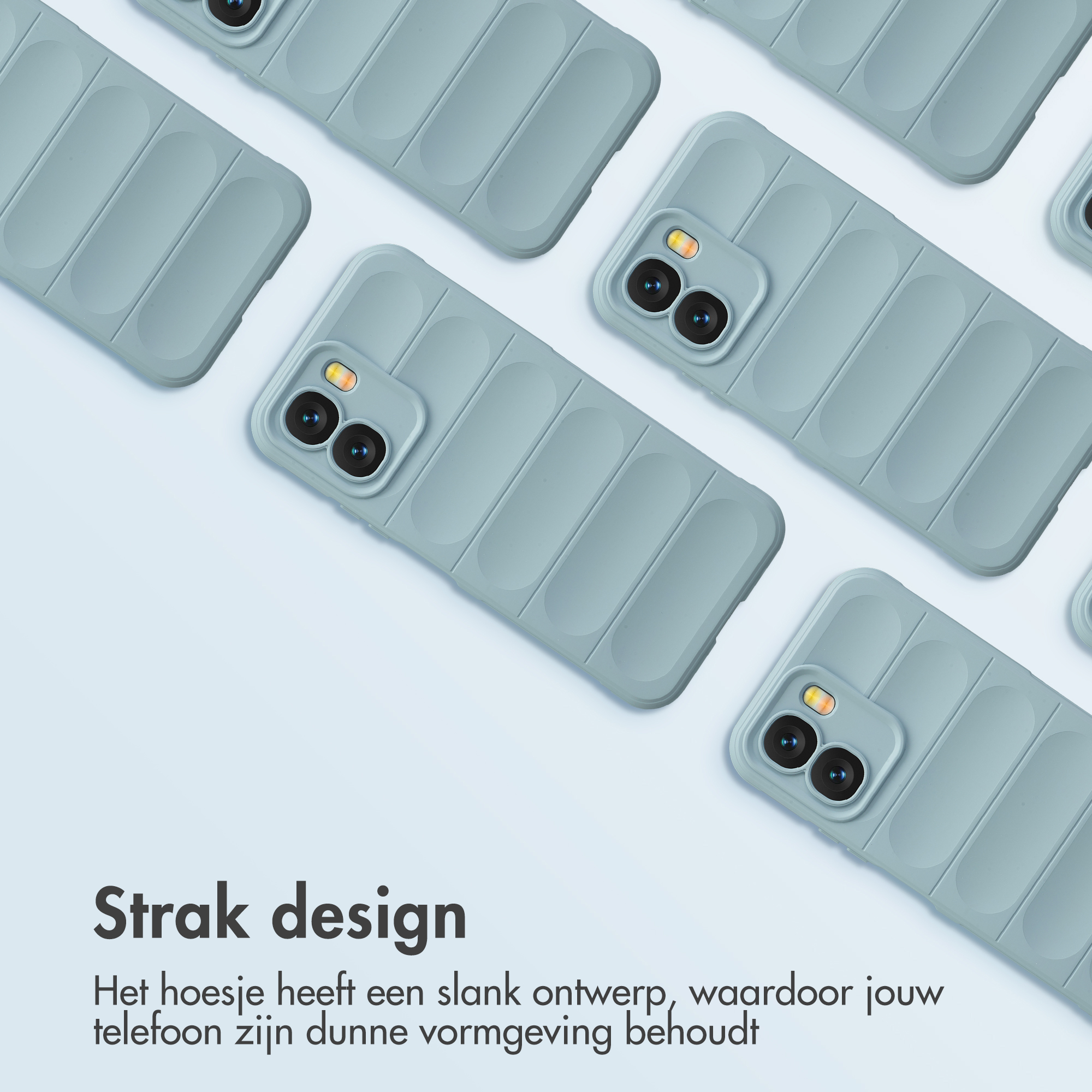 Meerdere lichtblauwe telefoonhoesjes met ribbelpatroon en camera-uitsparing.