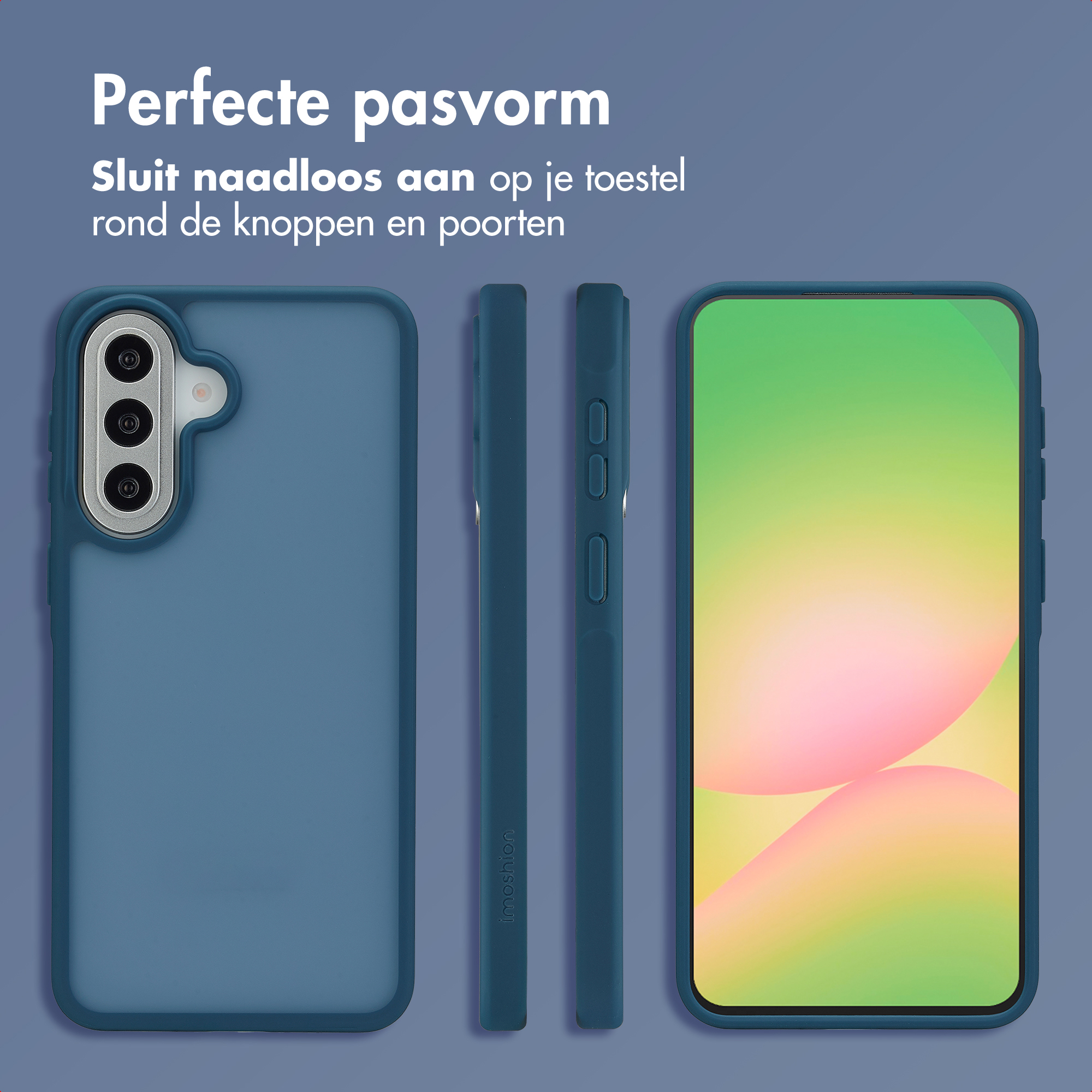 Een donkerblauwe telefoonhoes en een smartphone met kleurrijke achtergrond.