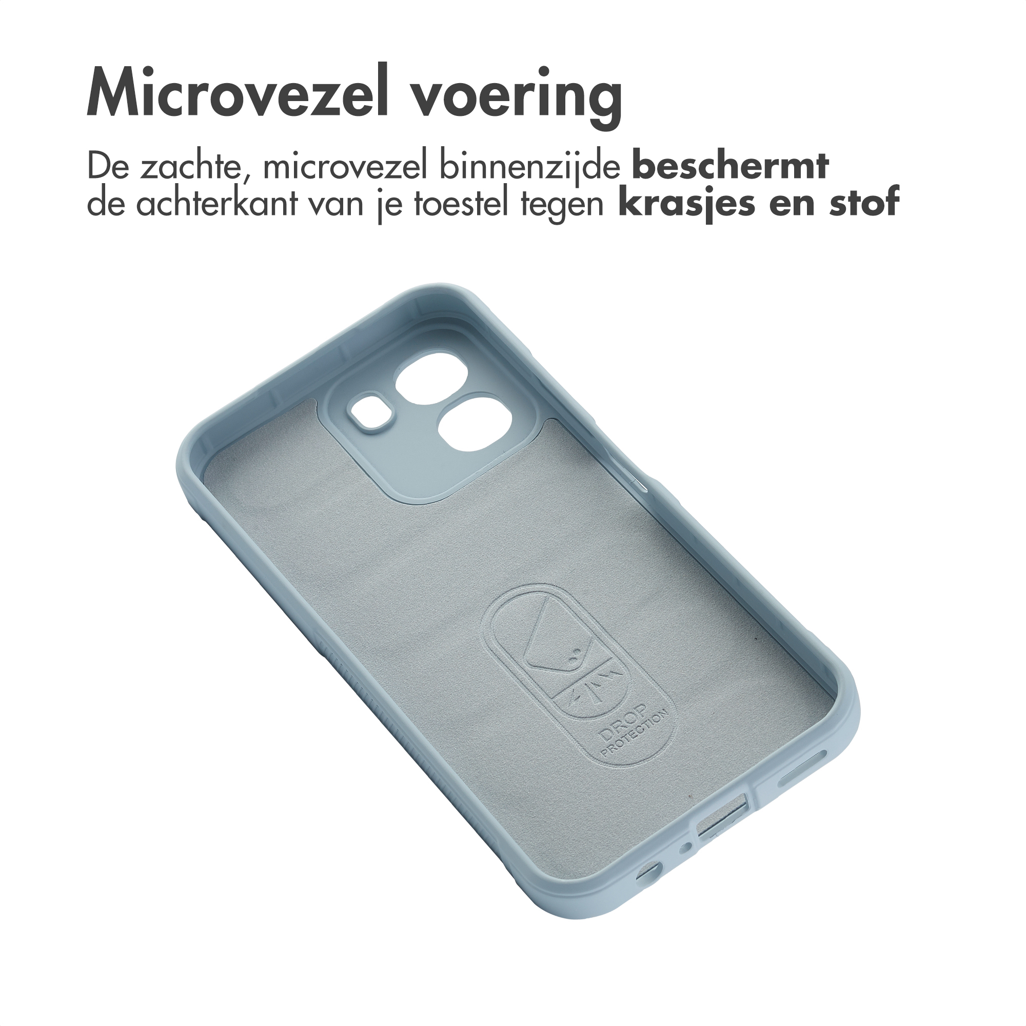 Lichtblauwe telefoonhoes binnenzijde met microvezel voering.