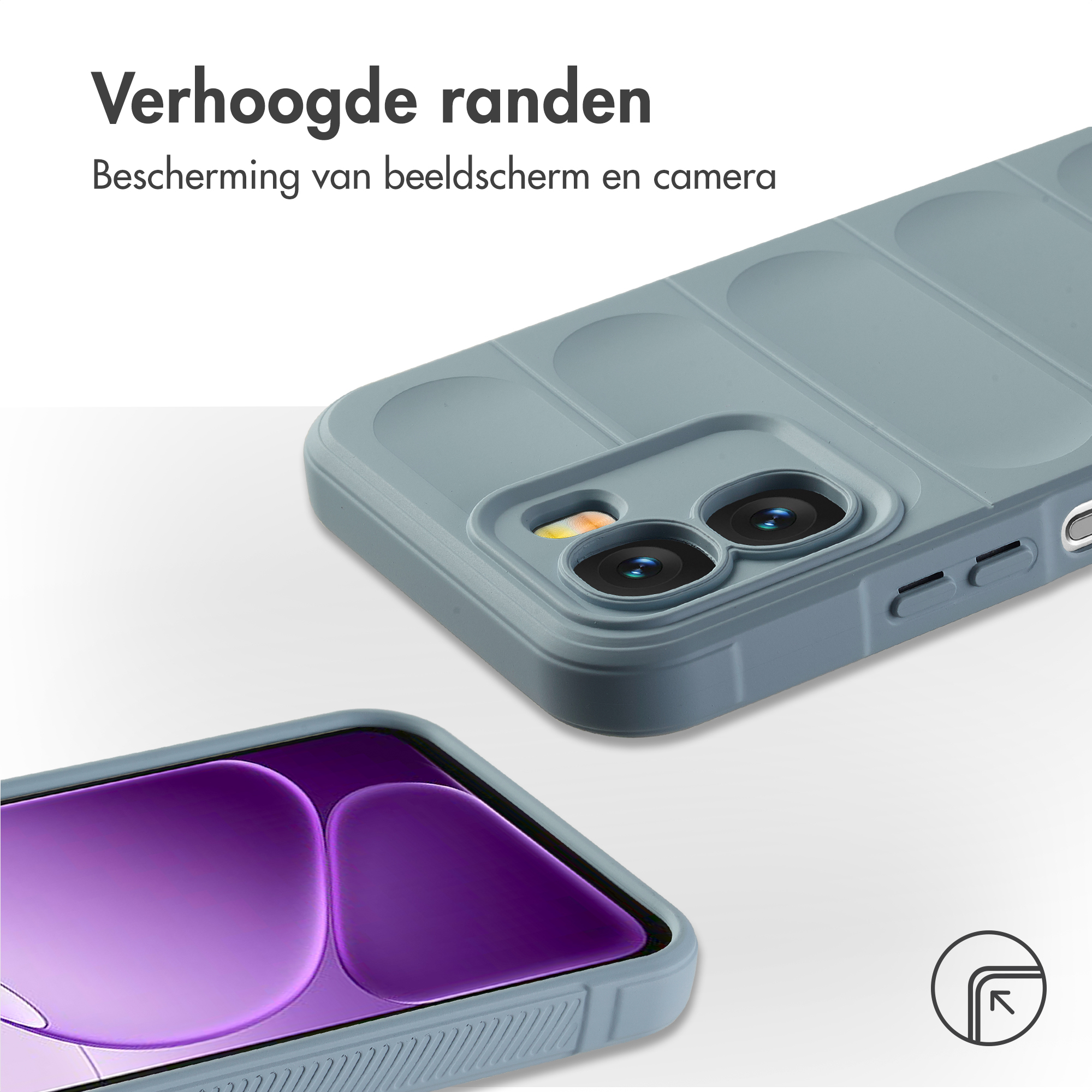 Grijze telefoonhoes met camerauitsparing en paars scherm.