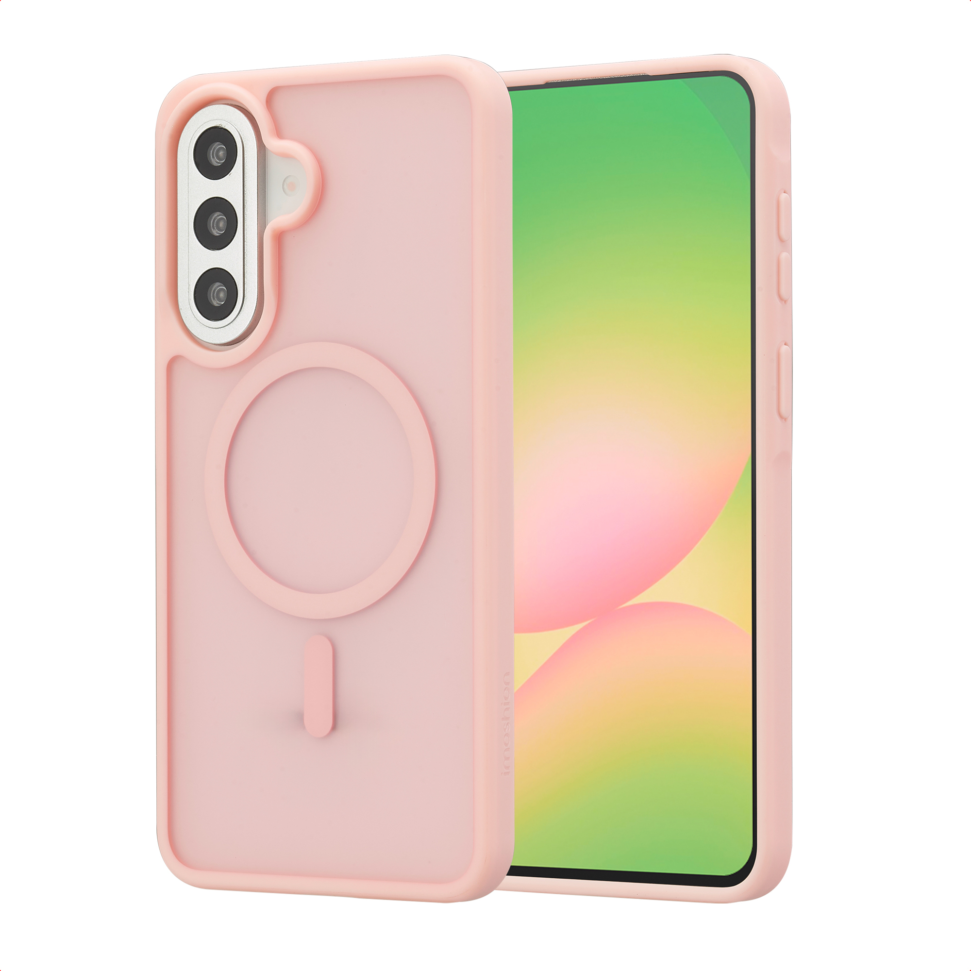 Een roze telefoonhoesje met drie camera's en een cirkelvormig element.