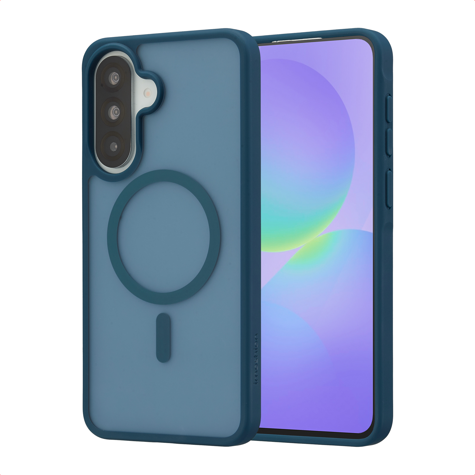 Blauw telefoonhoesje met drie camera's en MagSafe-ring op witte achtergrond.