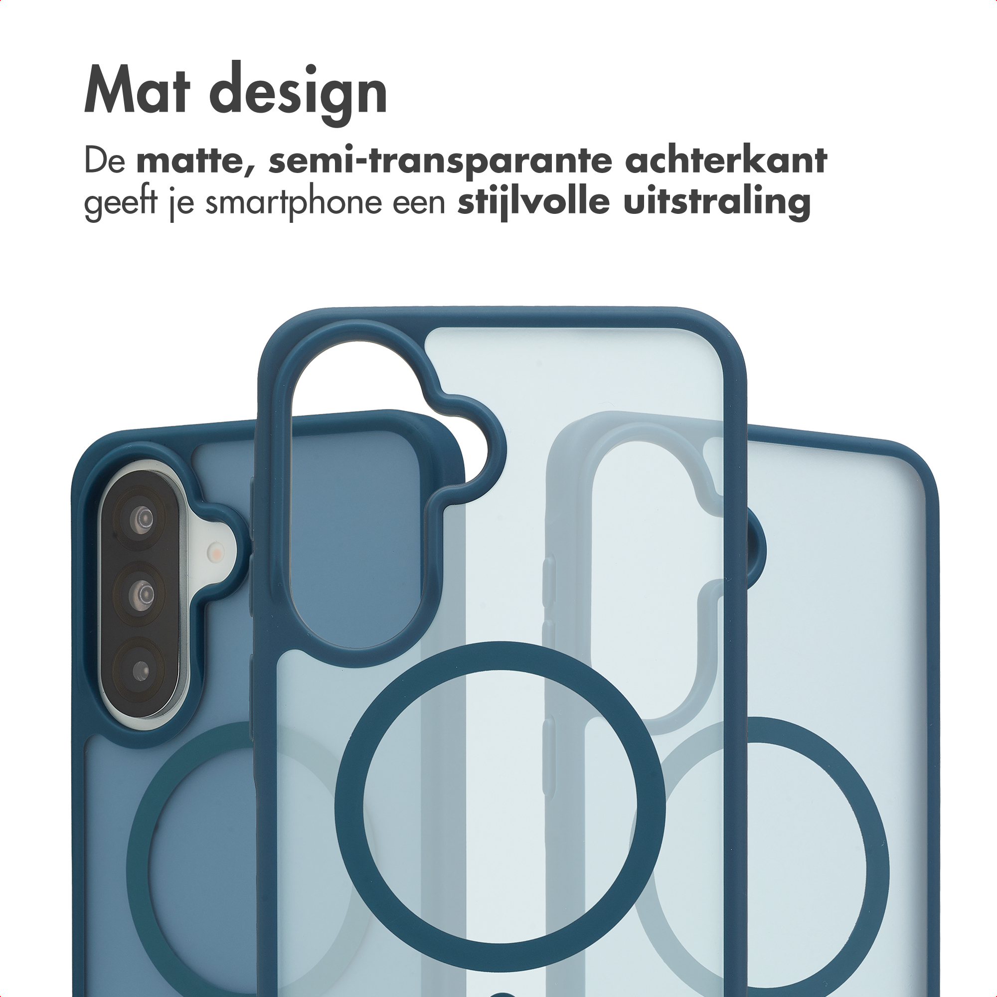 Blauw telefoonhoesje met mat, semitransparant design en cirkelvormige accenten.
