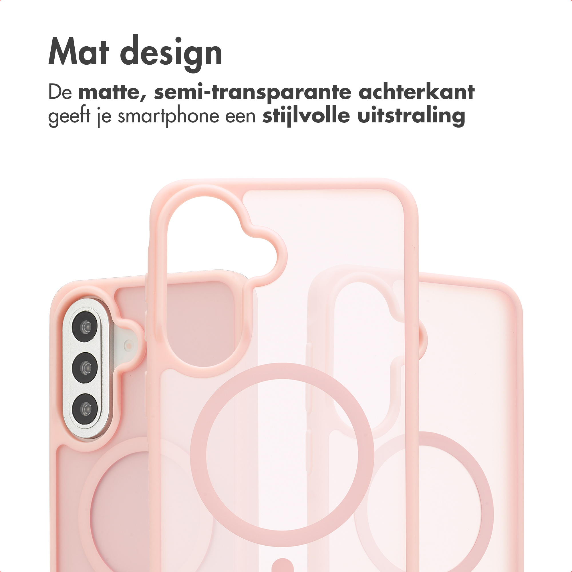 Een roze, matte telefoonhoes met ronde uitsparingen en cameradetail.