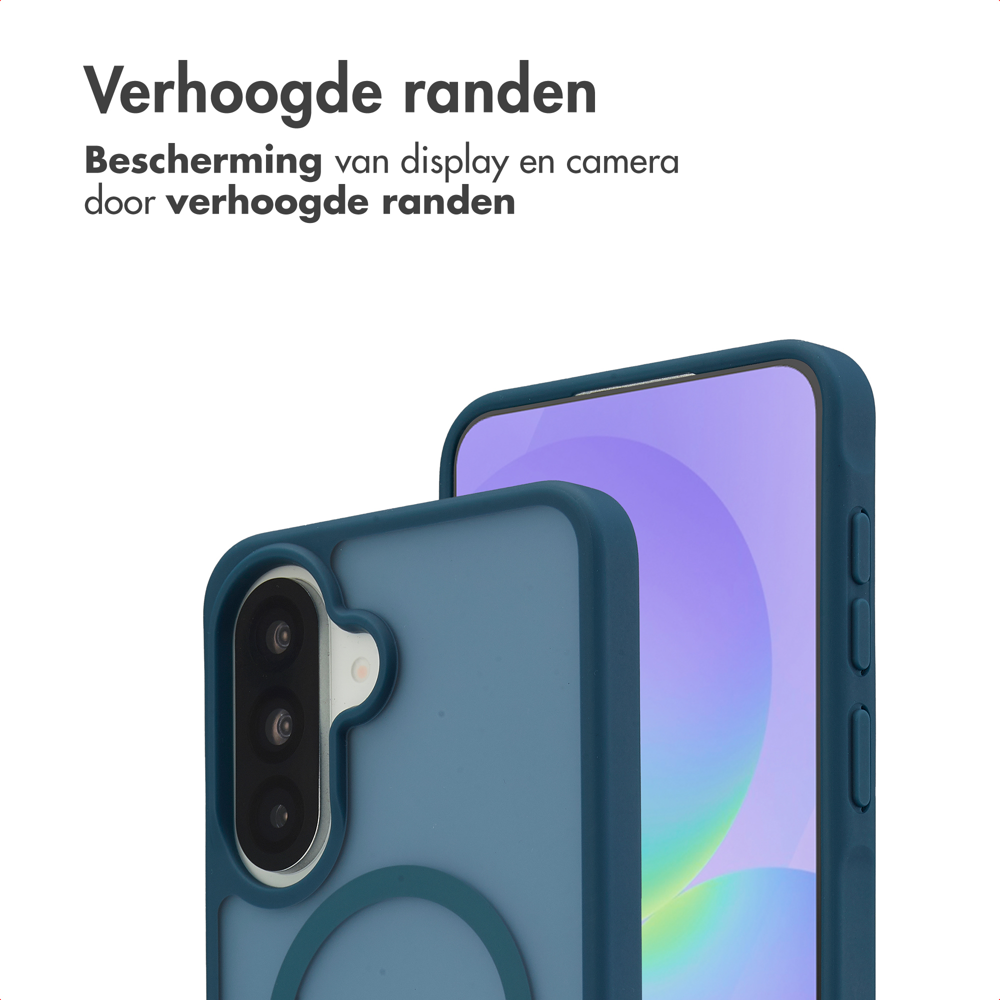 Een blauwe telefoonhoes beschermt een smartphone met paars scherm.