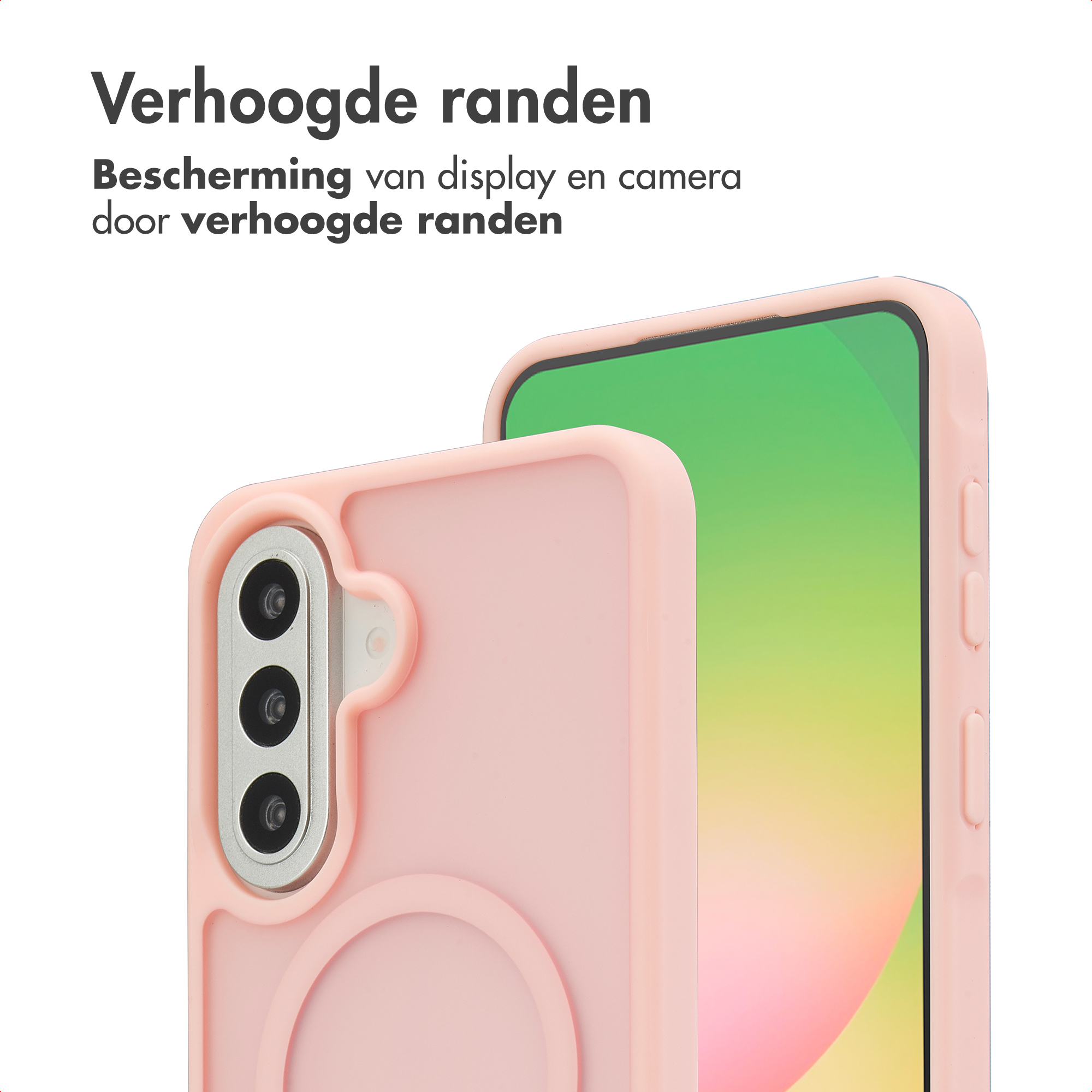 Een roze telefoonhoes met camera-eilandbescherming en een telefoon met groen scherm.