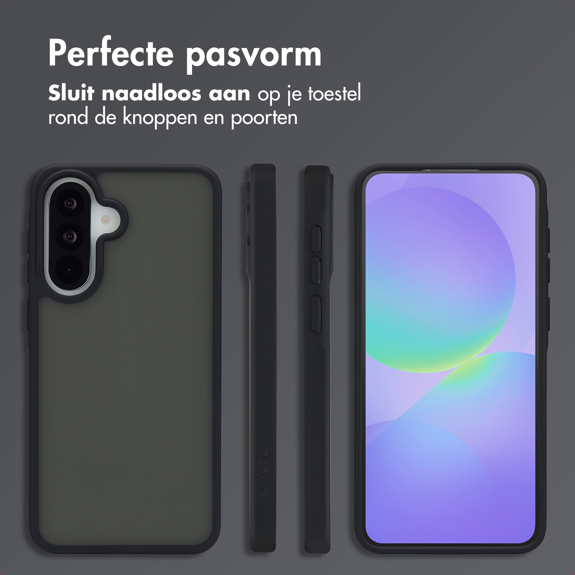 Trois vues d'une coque de téléphone noire : arrière, profil latéral et avant avec écran.
