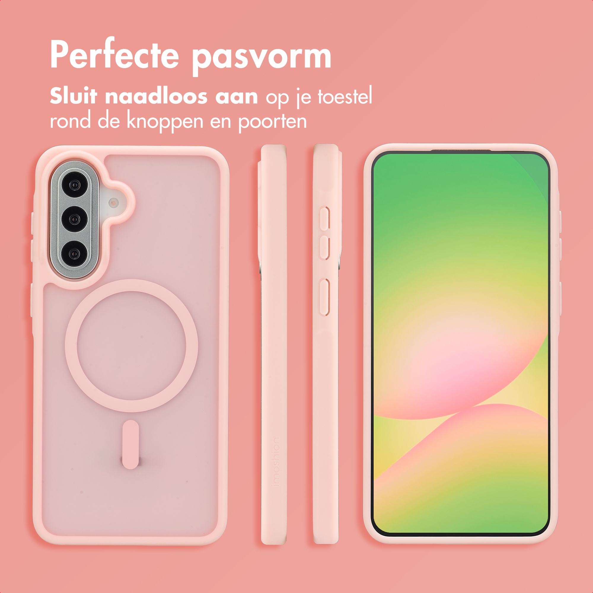 Een roze telefoonhoes met ring, ernaast twee weergaven van de hoes en een telefoon.
