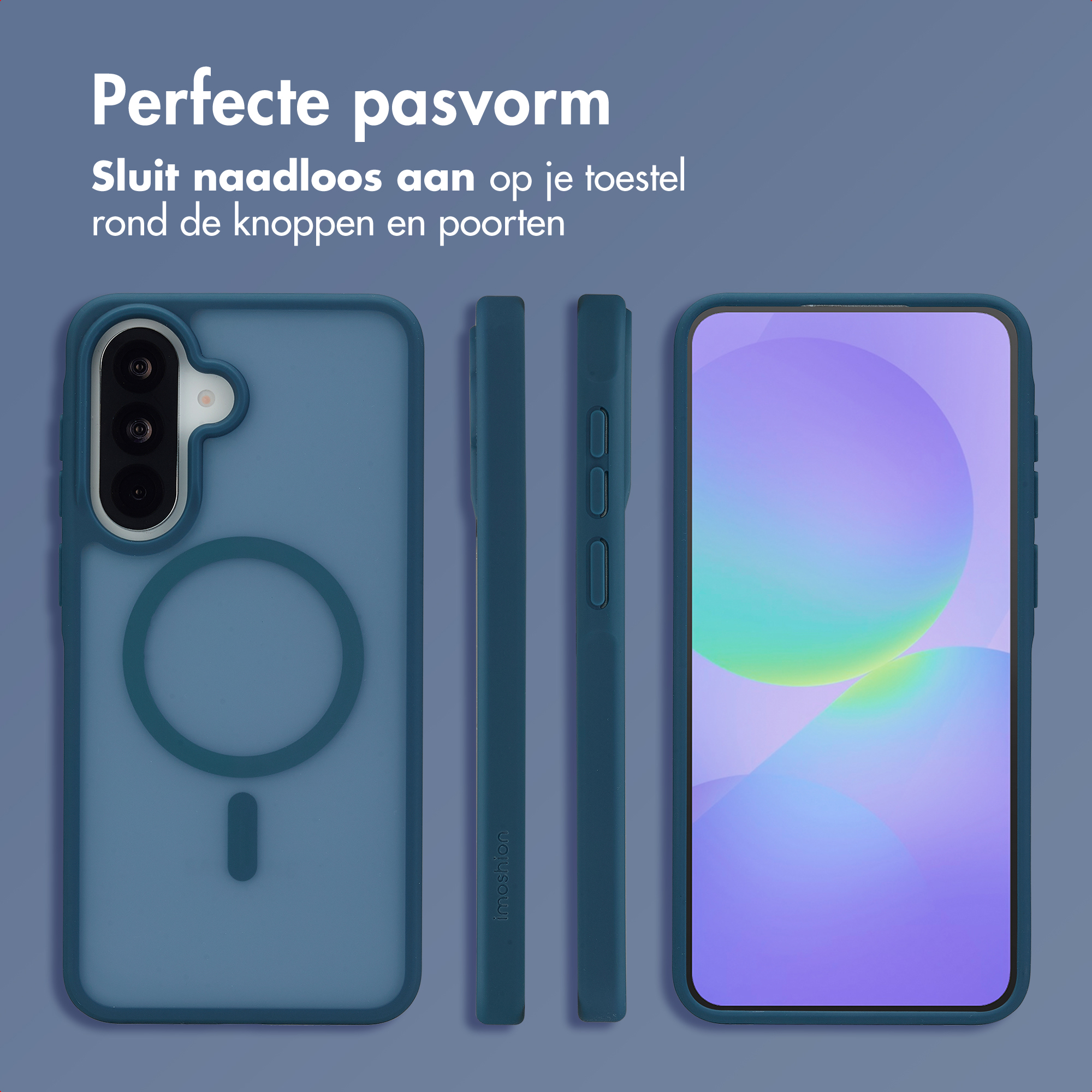 Blauw telefoonhoesje met magneetring, van voren, zijkant en met scherm getoond.