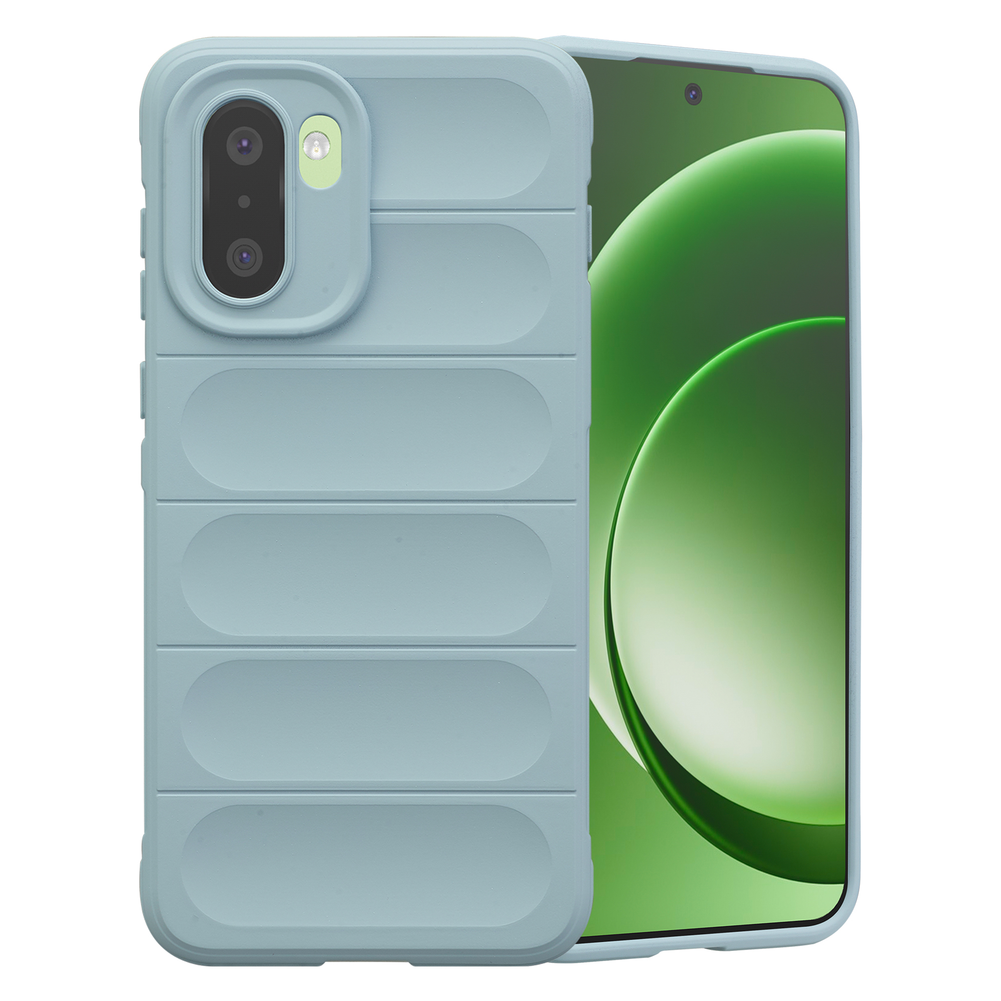 Een lichtblauwe telefoonhoes met camera-uitsparing naast een smartphone.