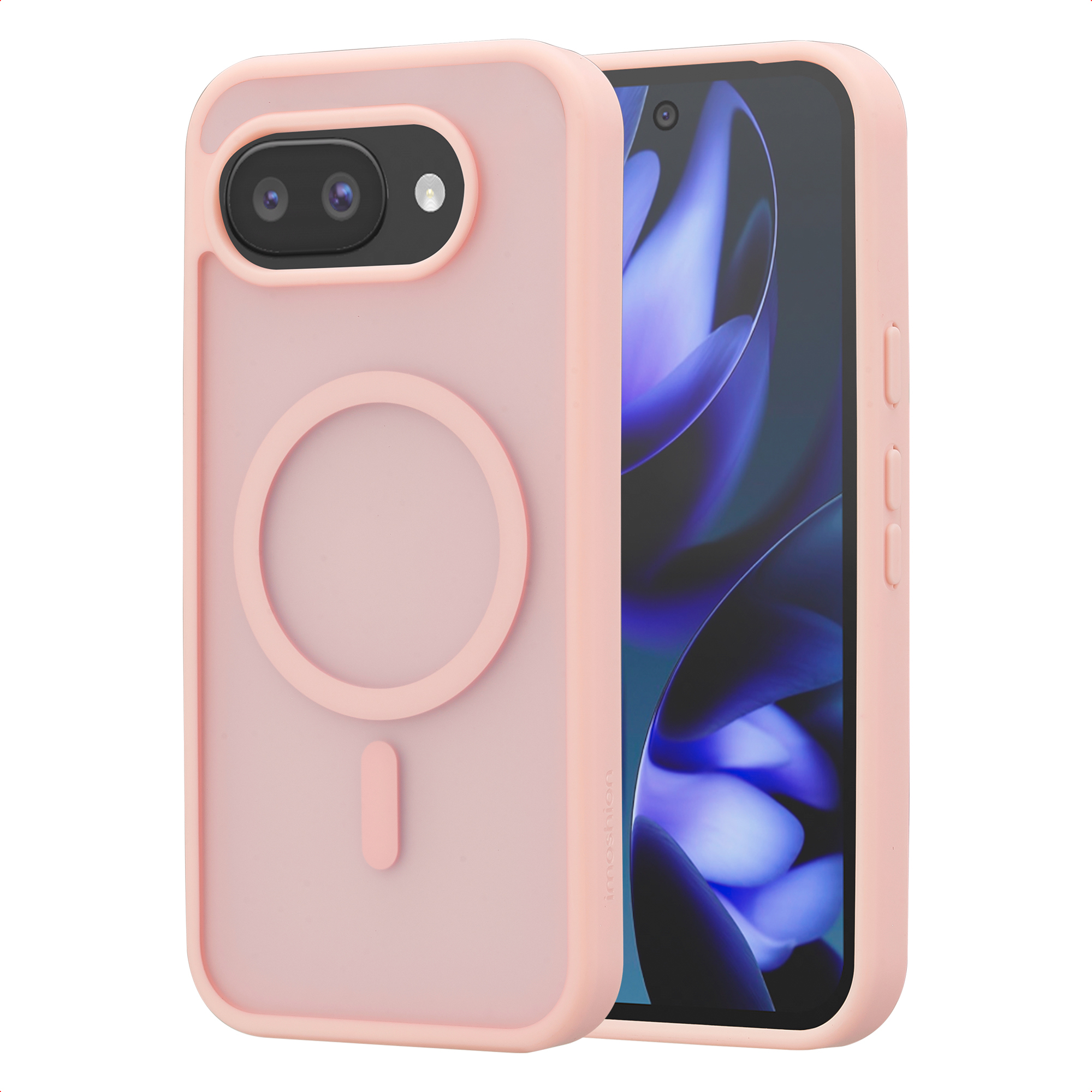Une coque de téléphone rose avec anneau magnétique et deux objectifs.