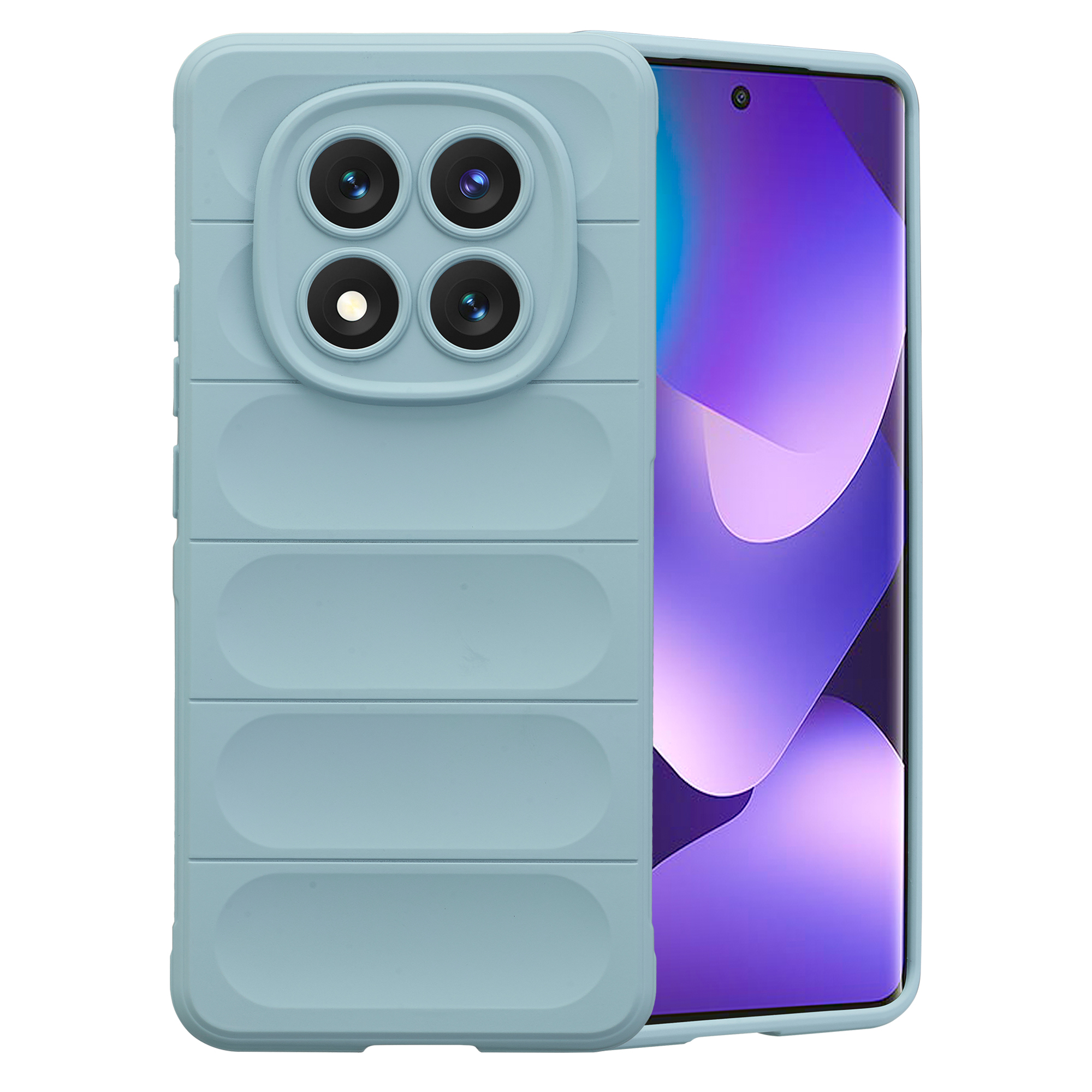 Coque de téléphone bleu clair avec quatre caméras et écran bleu-violet.