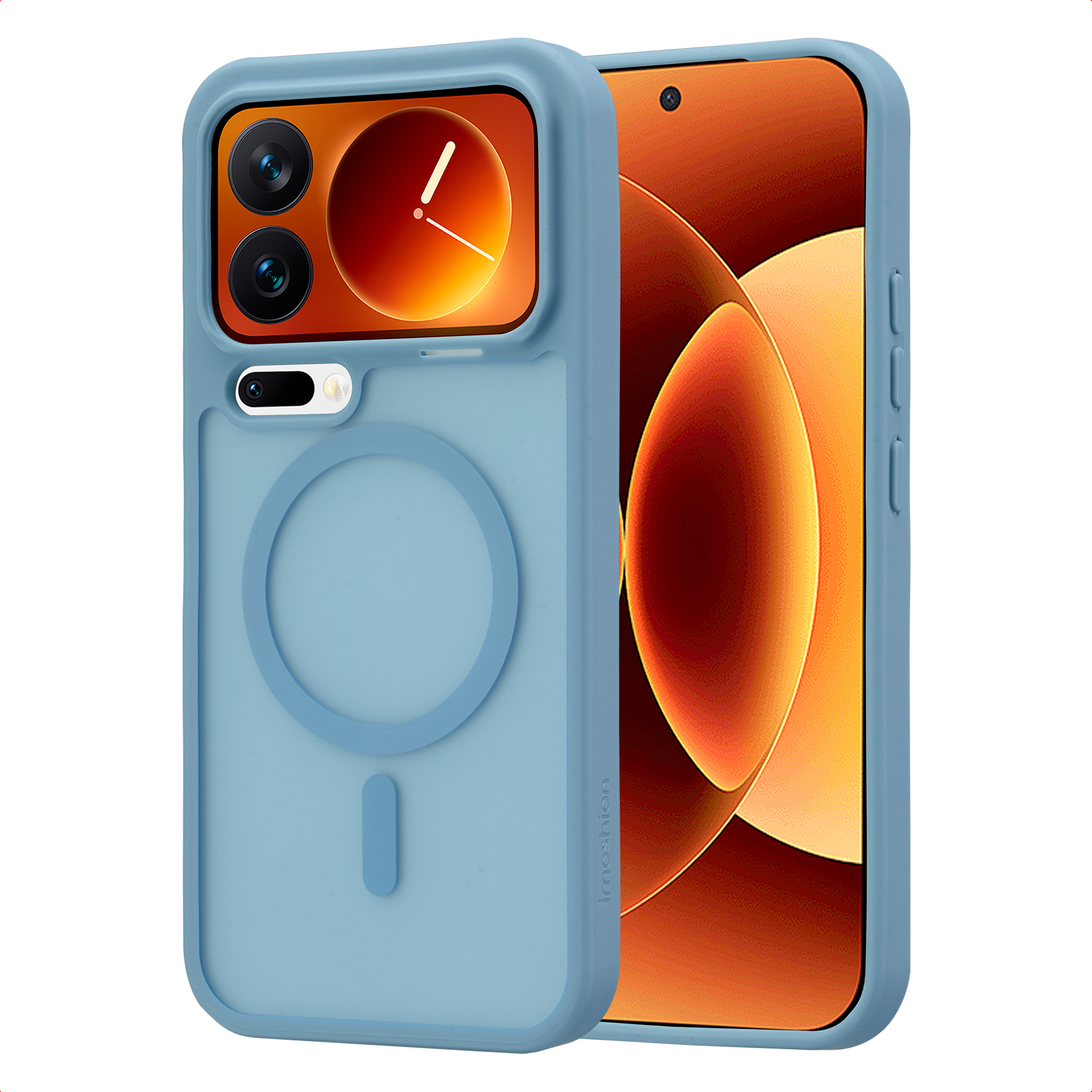 Un étui de téléphone bleu repose devant un smartphone à fond orange.