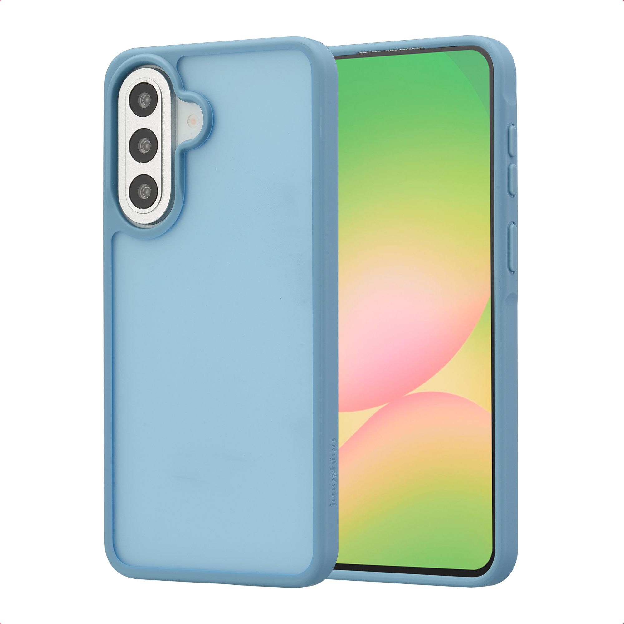 Une coque de téléphone bleu clair avec découpe caméra et un téléphone avec fond coloré.