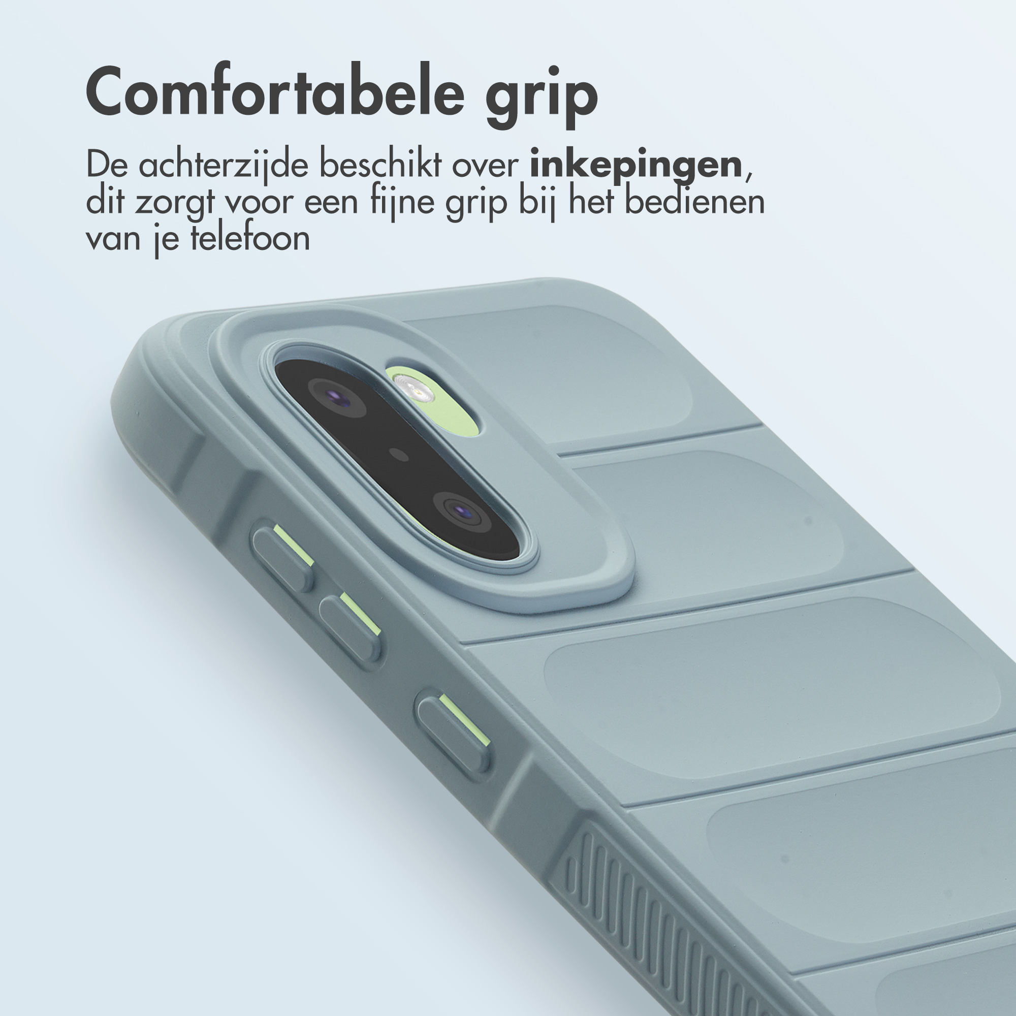 Grijze telefoonhoes met textuur en camera-uitsparing.