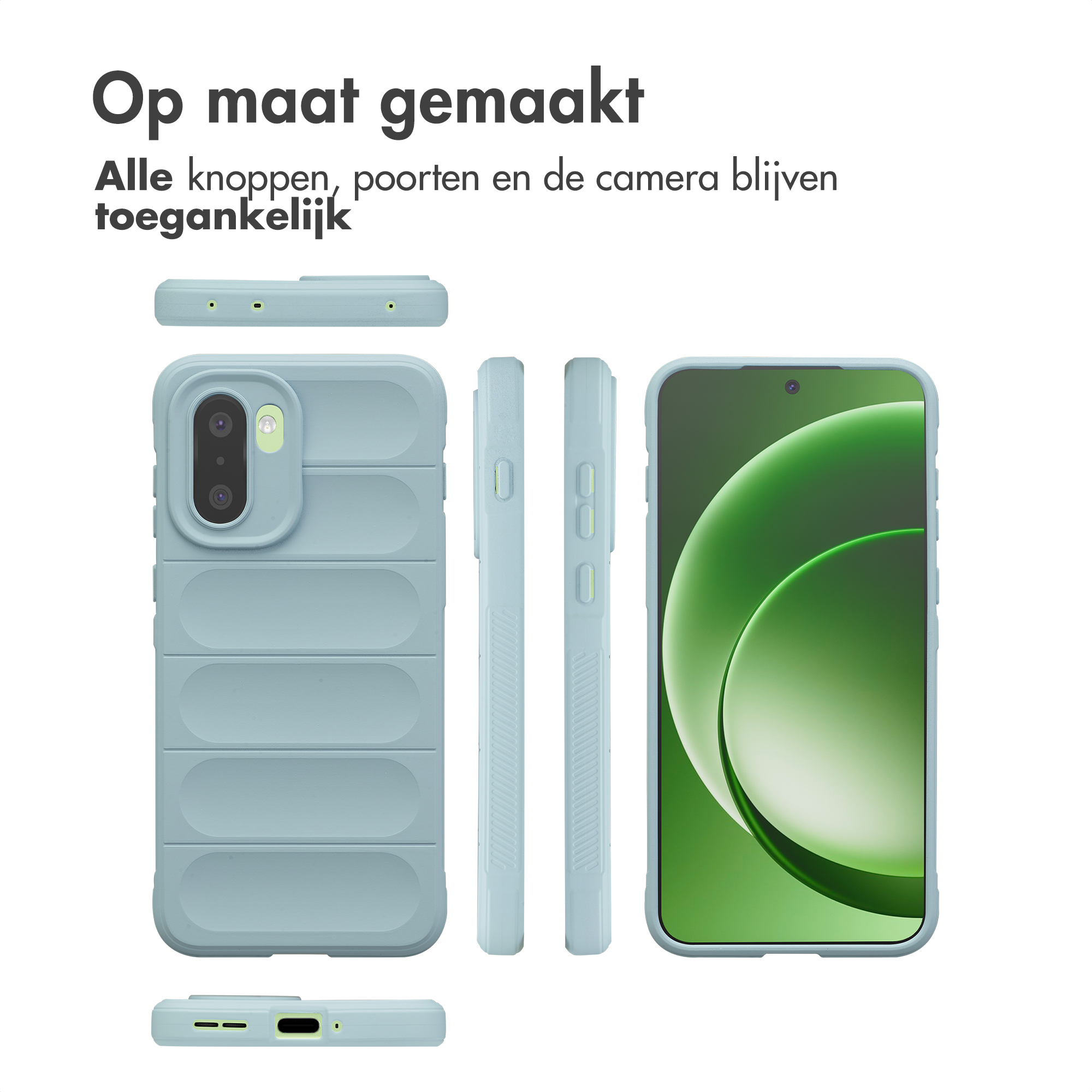 Lichtblauwe telefoonhoes met geribbelde textuur, toont telefoon.