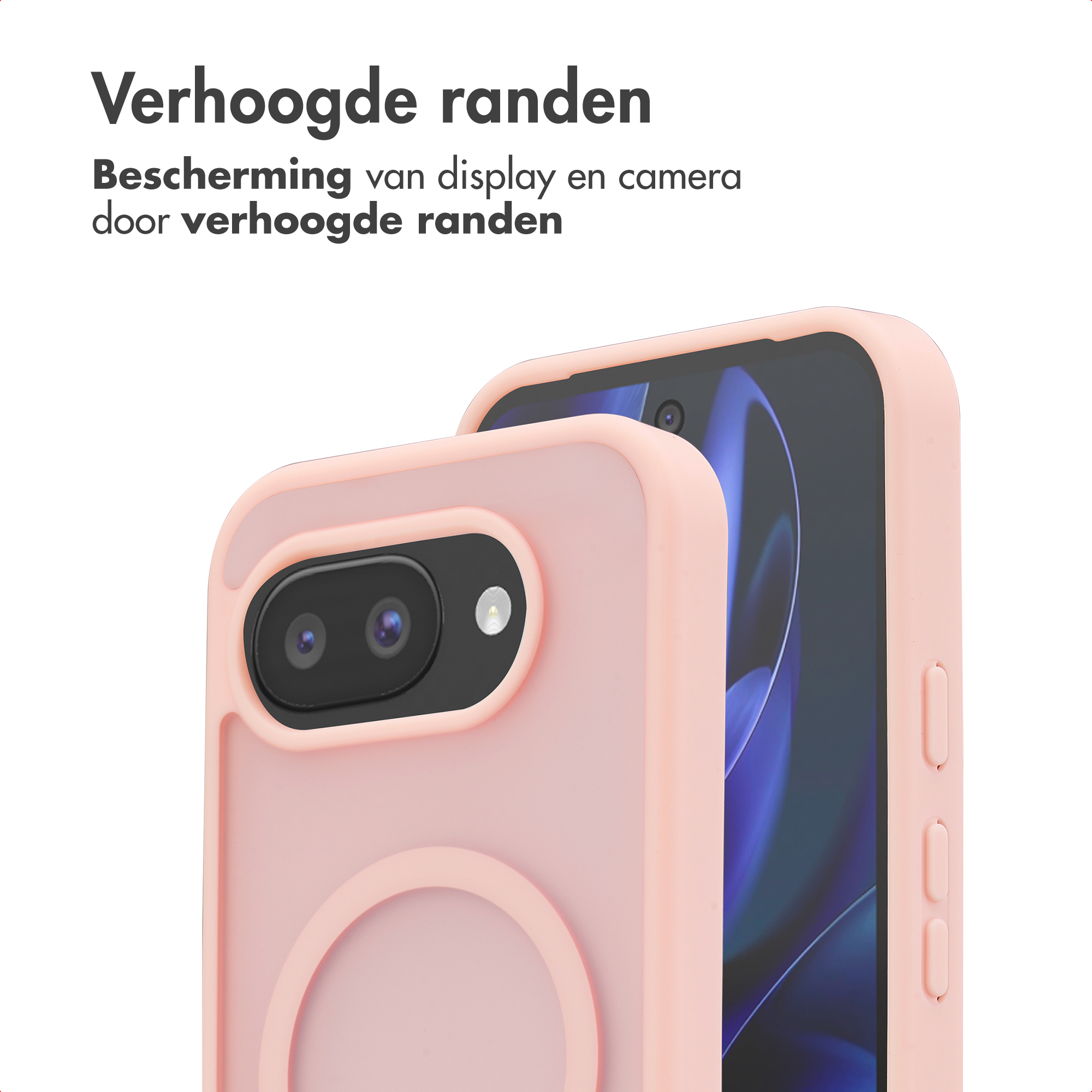 Deux coques de téléphone roses montrant les bosses de caméra et les écrans.