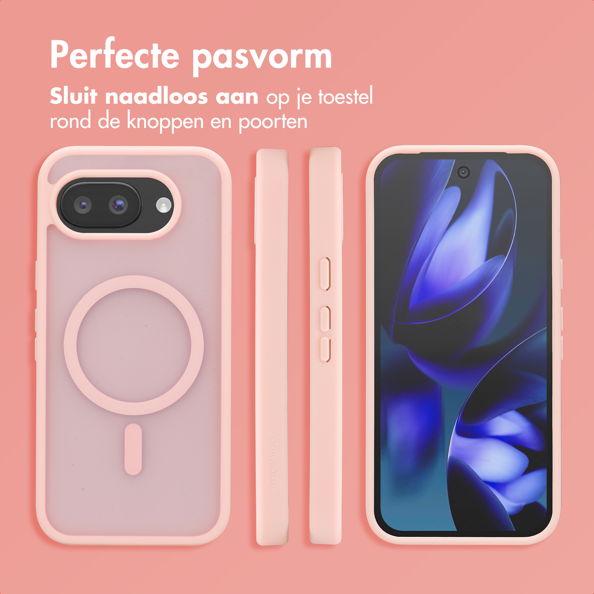 Une coque de téléphone rose avec anneau et découpe caméra, à côté d'un téléphone.