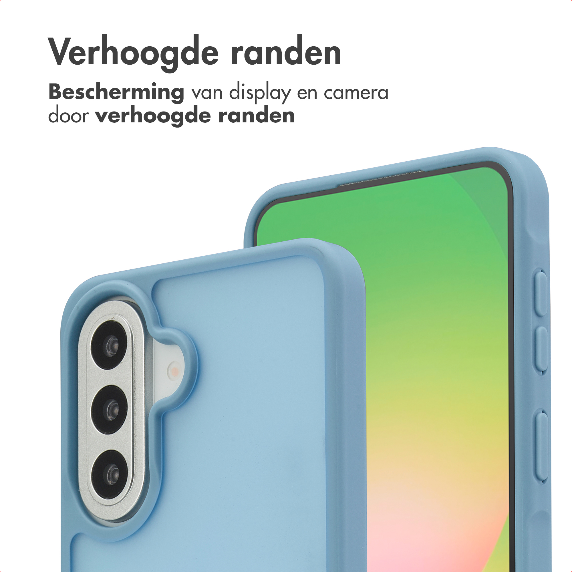 Étui de téléphone bleu clair montrant les caméras et l'écran avec bords relevés.
