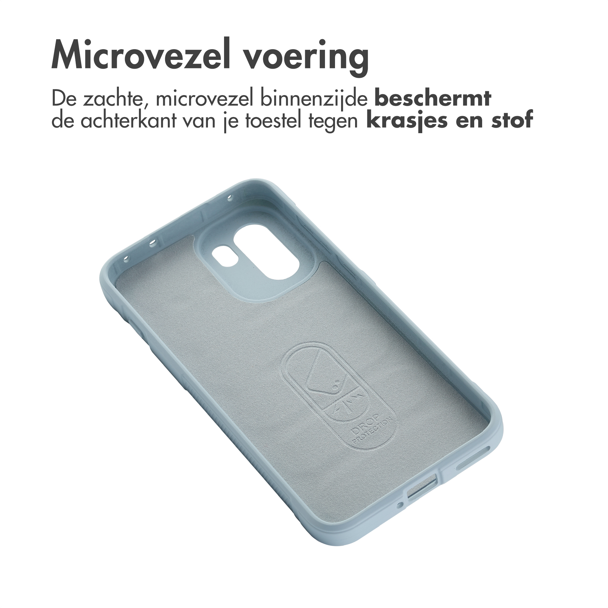 Lichtblauwe telefoonhoes met microvezel voering aan de binnenkant, logo.