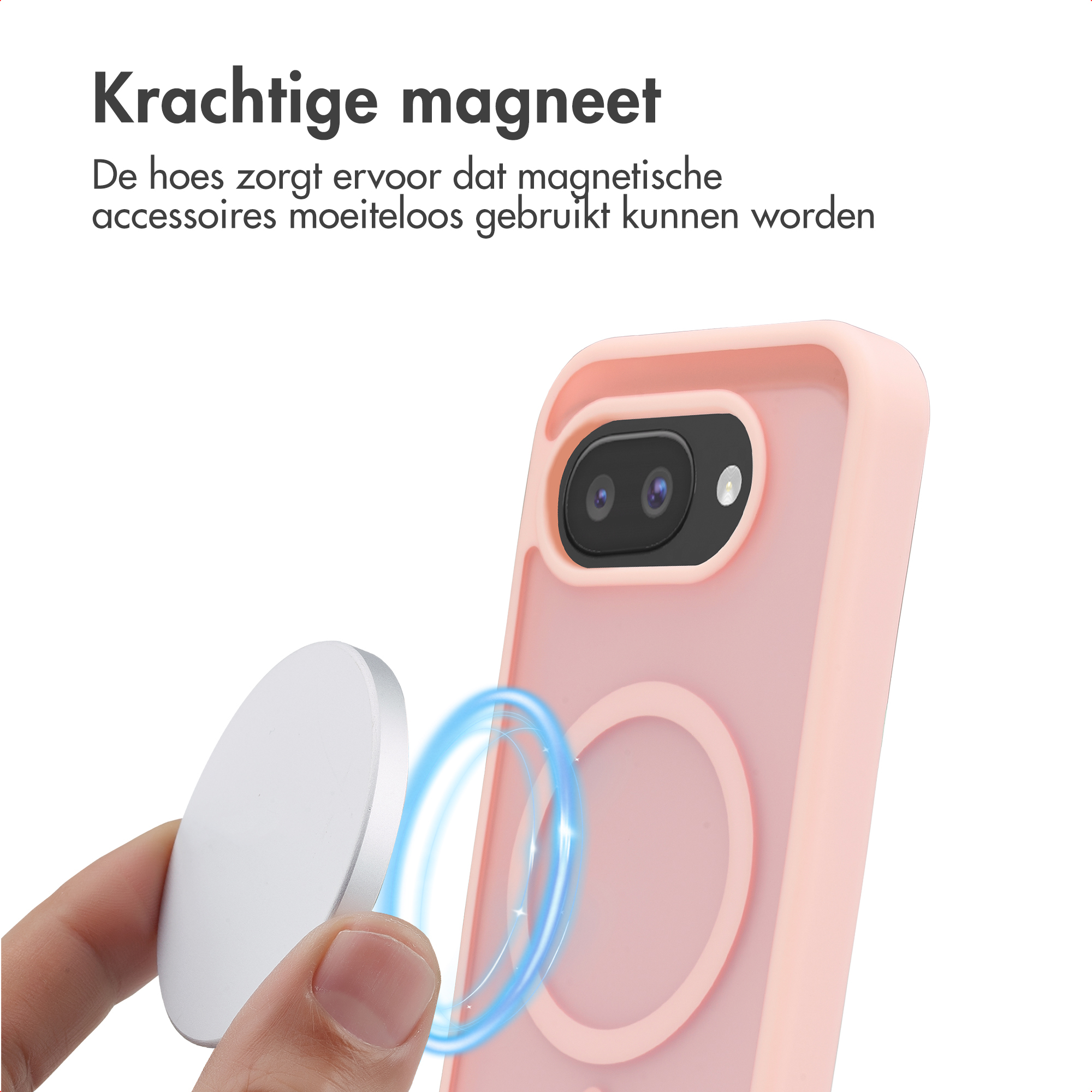 Main tenant un objet rond blanc près d'un téléphone rose avec anneau magnétique.