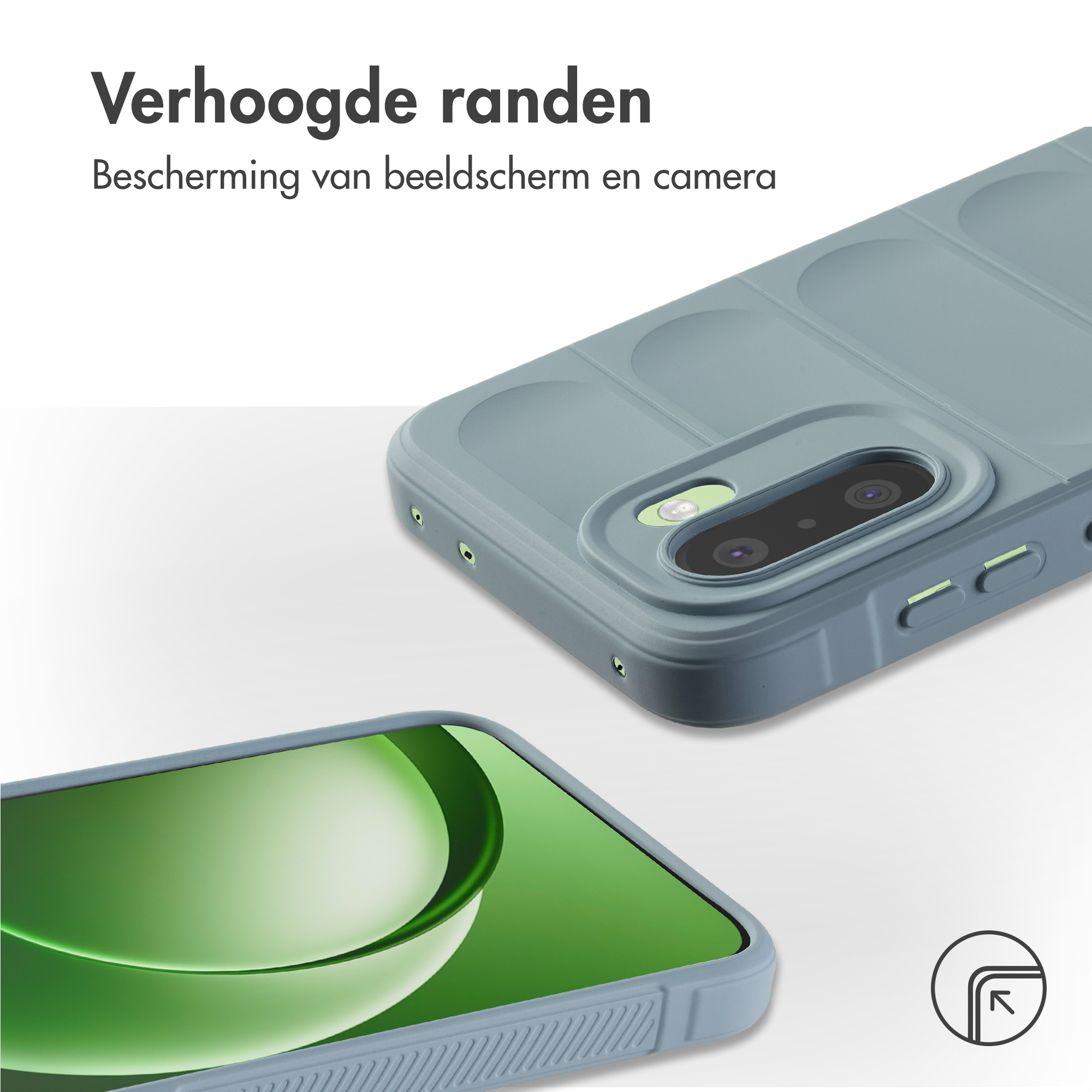 Grijze telefoonhoes met verhoogde randen voor scherm- en camerabescherming.