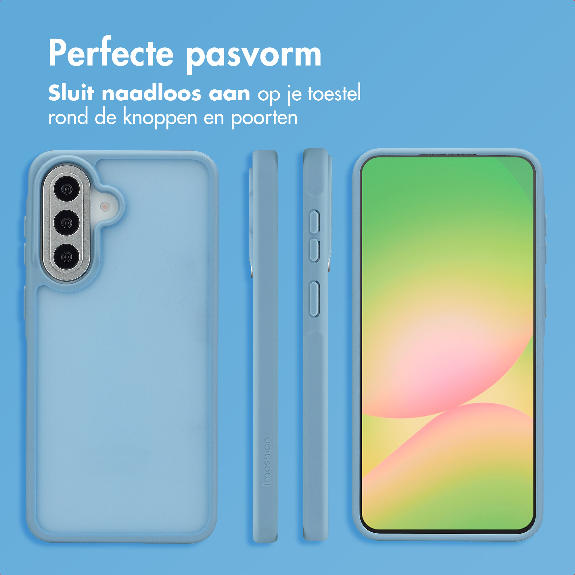 Coque de téléphone bleu clair vue arrière, latérale et avant avec écran.