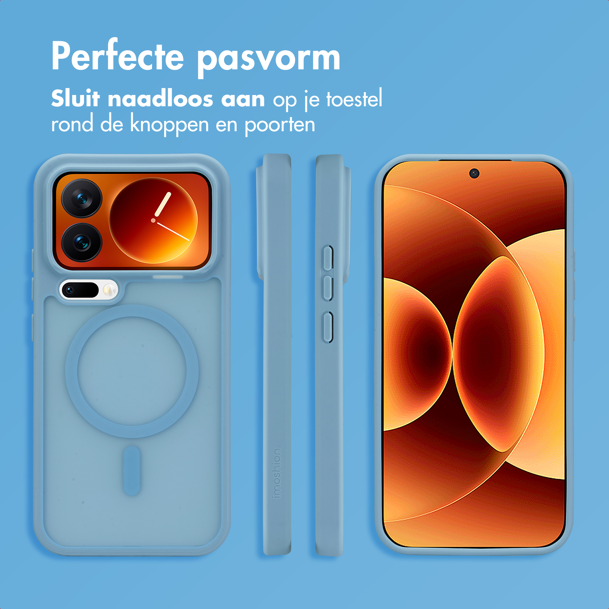 Coque de téléphone bleue avec découpes précises pour boutons et ports.