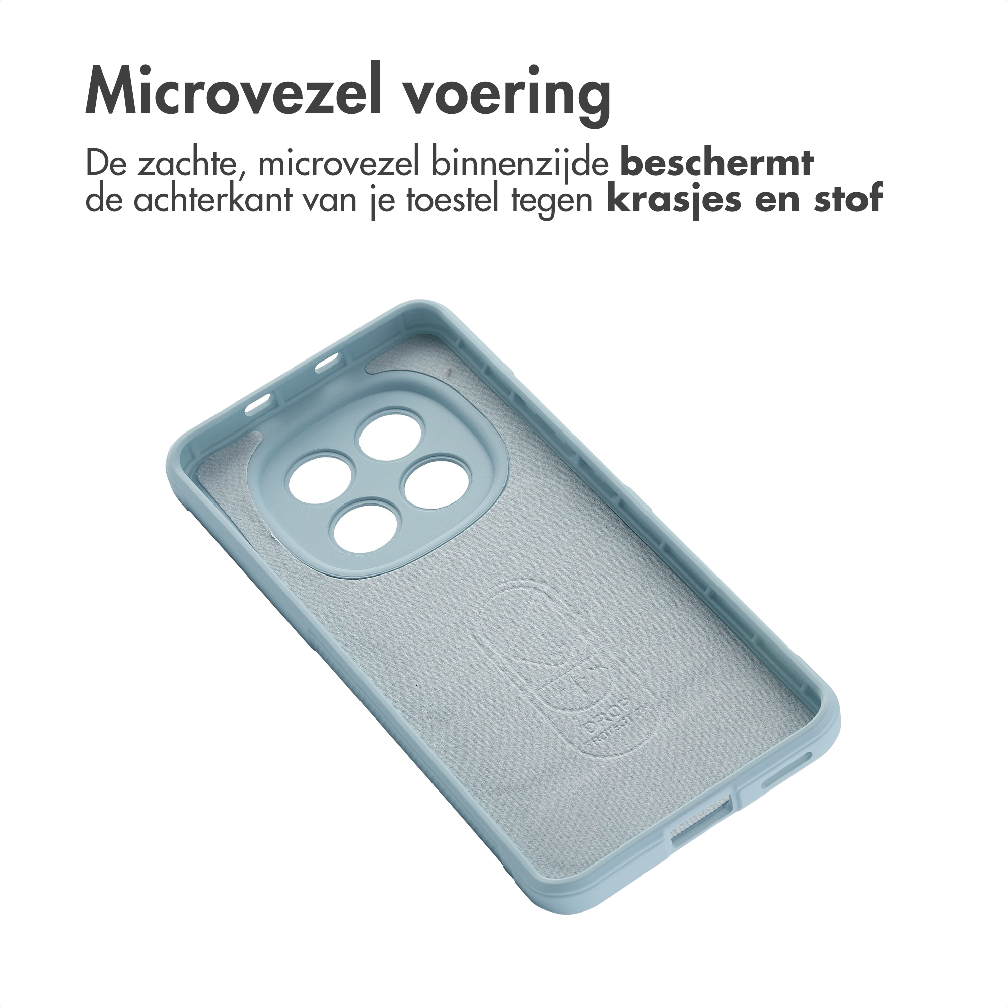 Coque de téléphone bleu clair avec doublure en microfibre et découpe caméra.