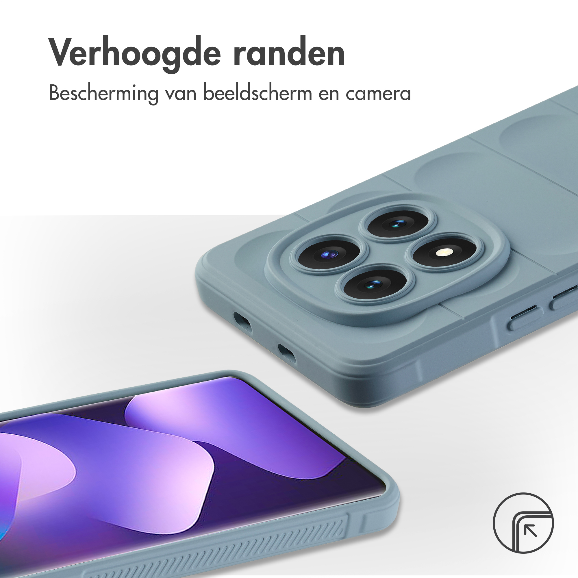 Coque de téléphone bleue avec bords surélevés pour caméra et écran.
