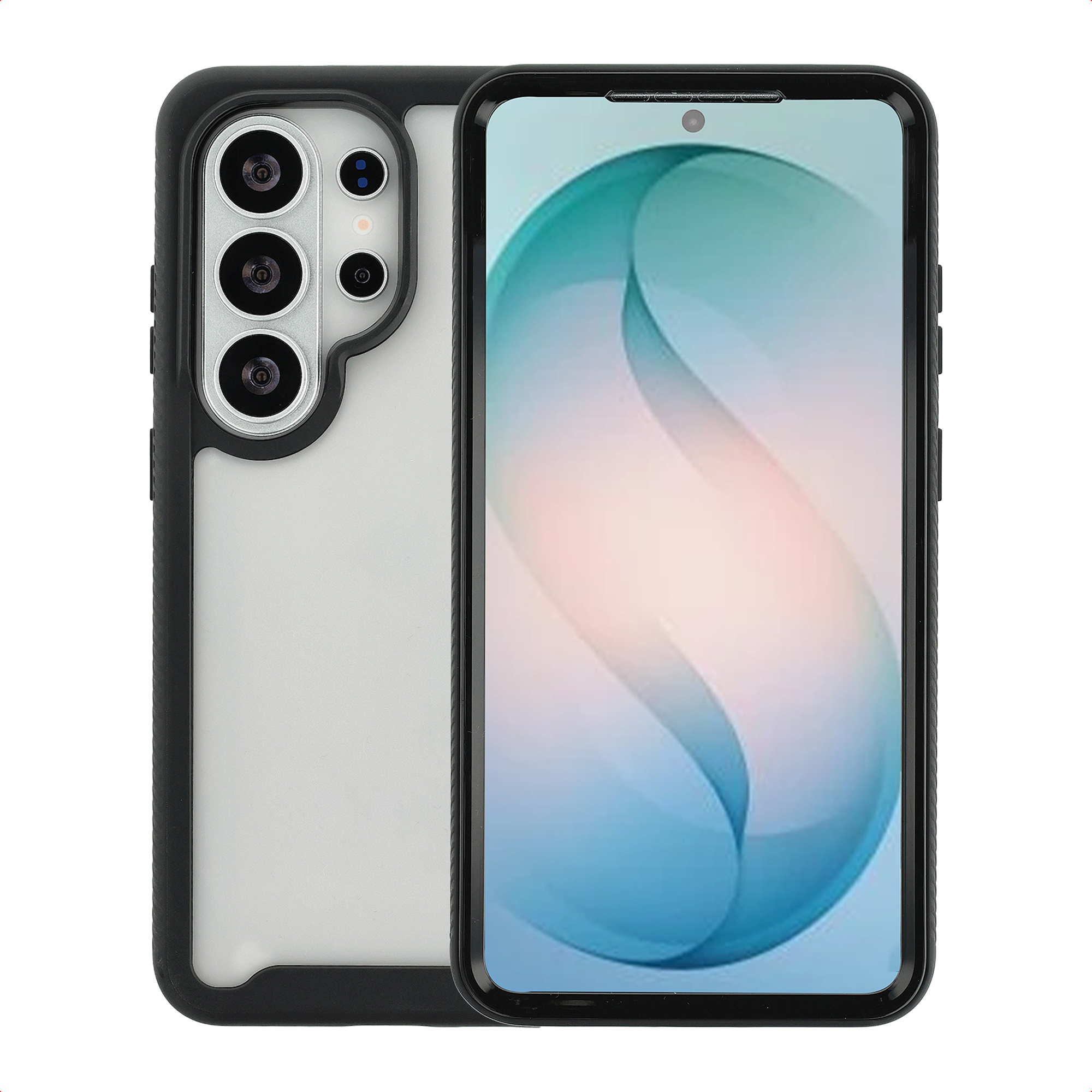 Een zwarte telefoonhoes met transparante achterkant en camera's.