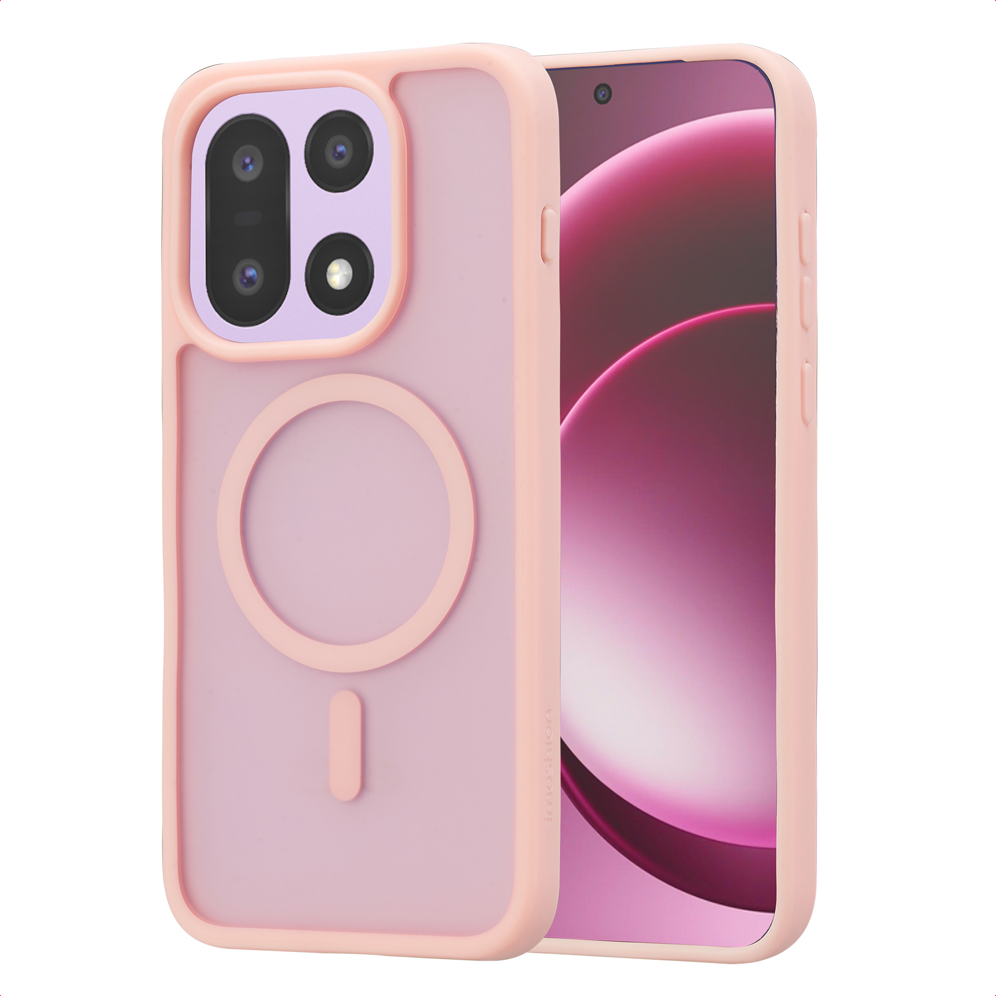 Een roze telefoonhoes met camera's en ringhouder op een telefoon.