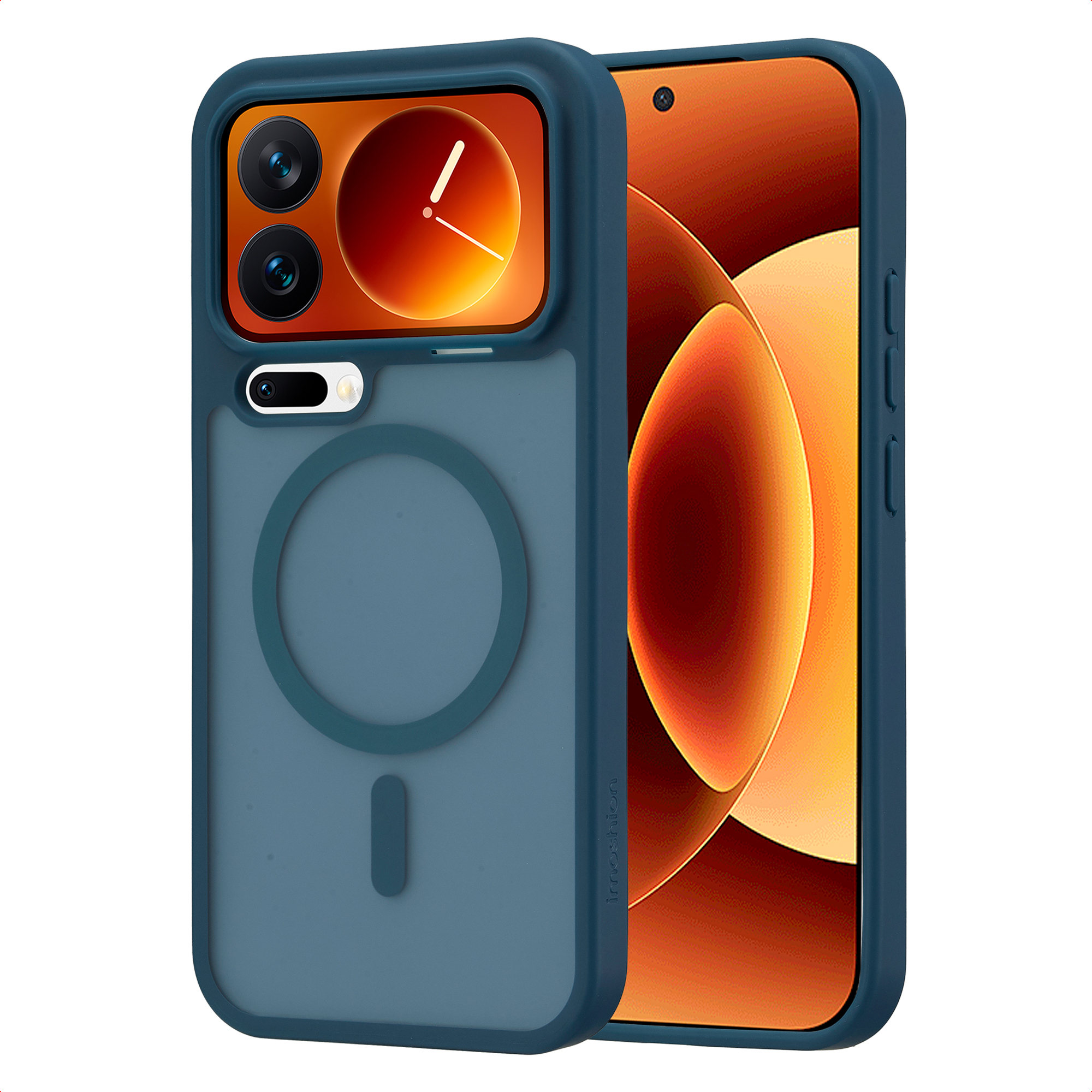 Coque de téléphone bleu foncé avec anneau MagSafe, montrant un smartphone sur fond orange.