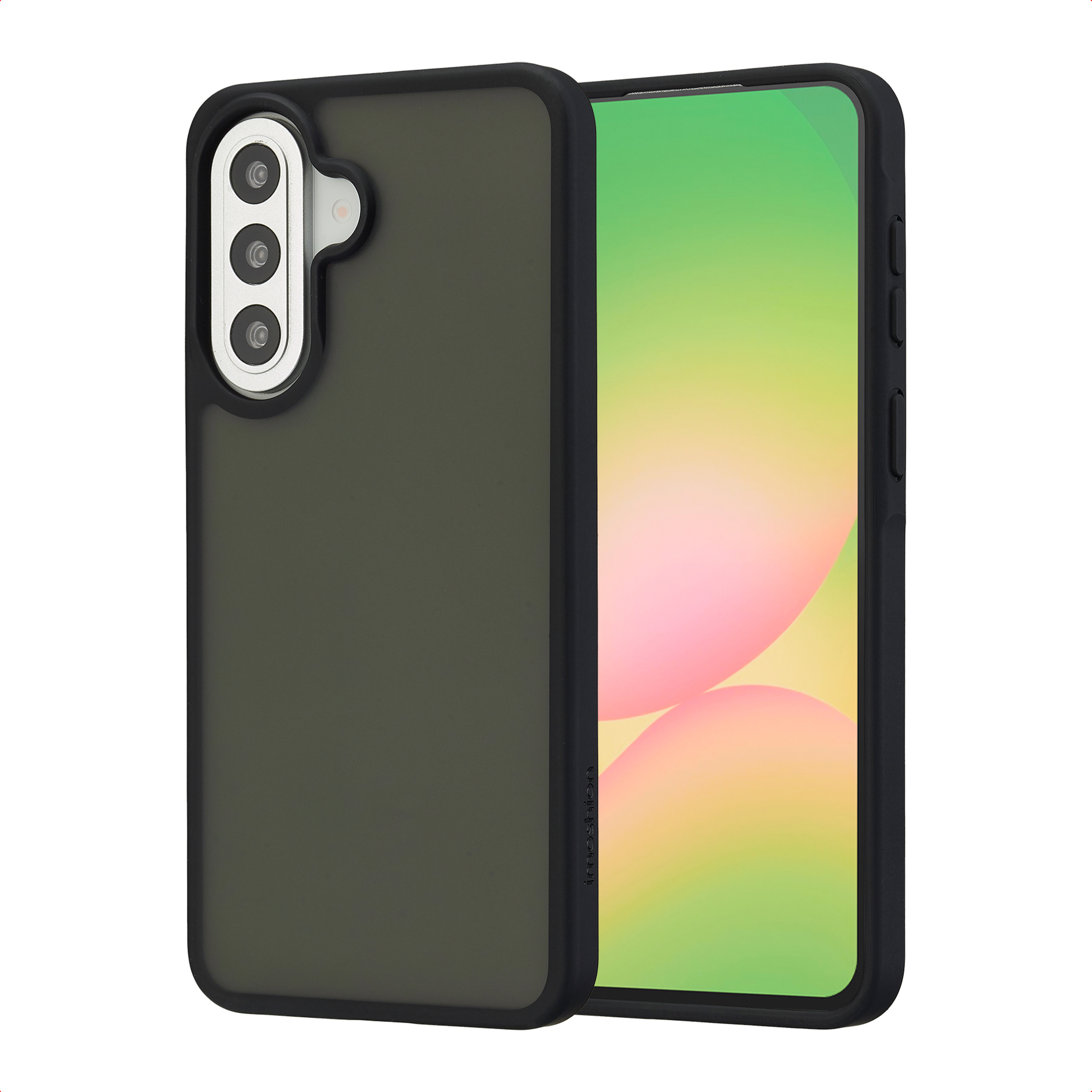 Un téléphone sombre avec bordure noire, montrant trois caméras au dos.