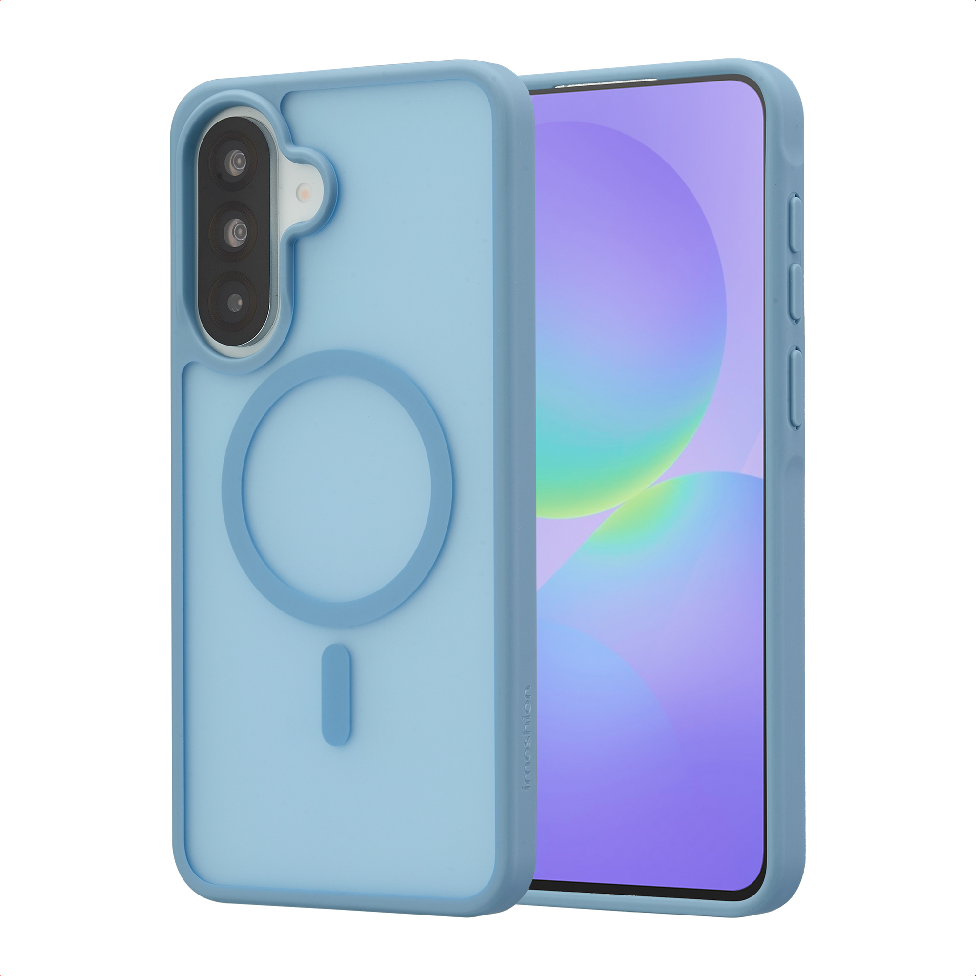 Coque de téléphone bleu clair avec anneau magnétique et triple caméra.