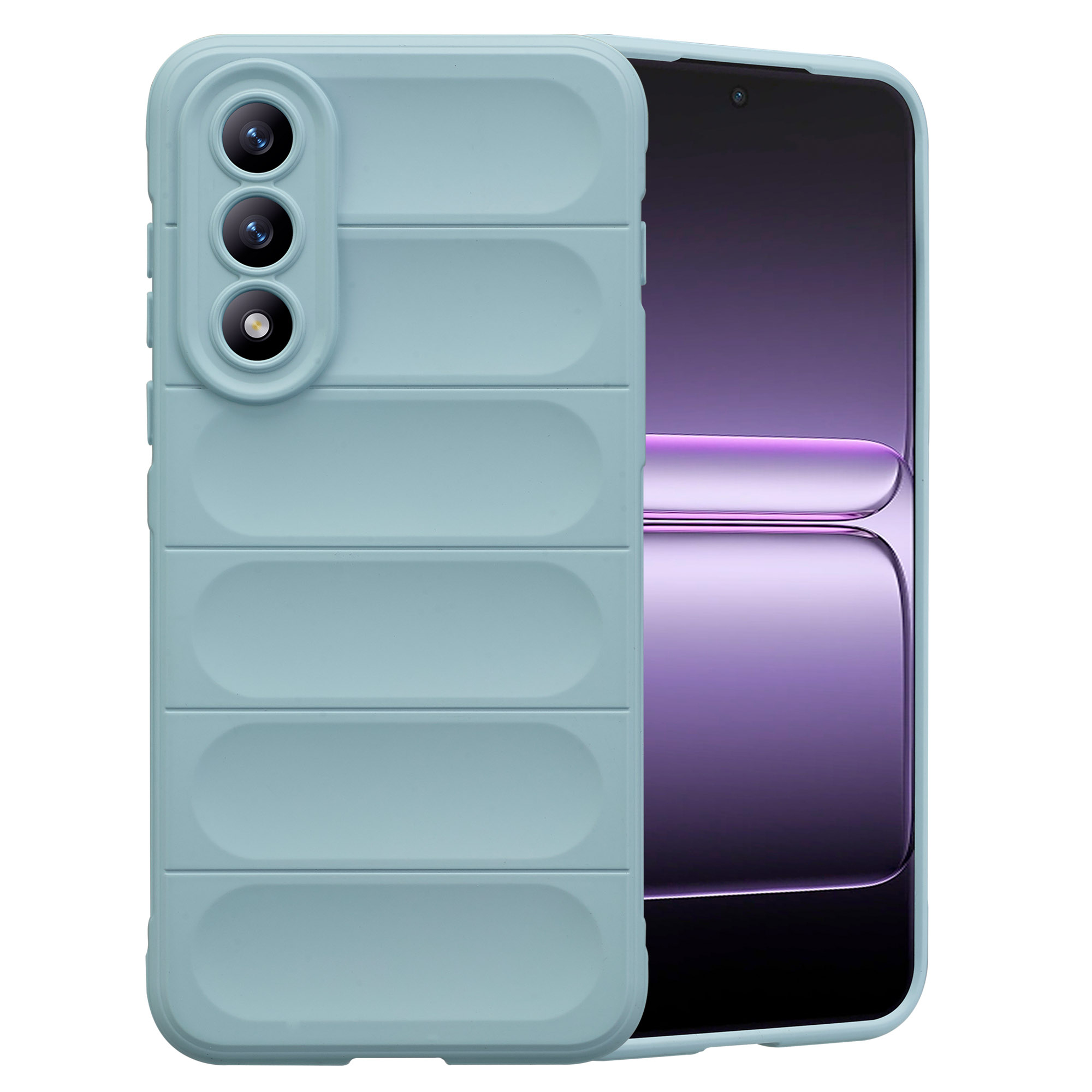 Coque de téléphone bleu clair à nervures et trois objectifs de caméra. À côté, un smartphone.