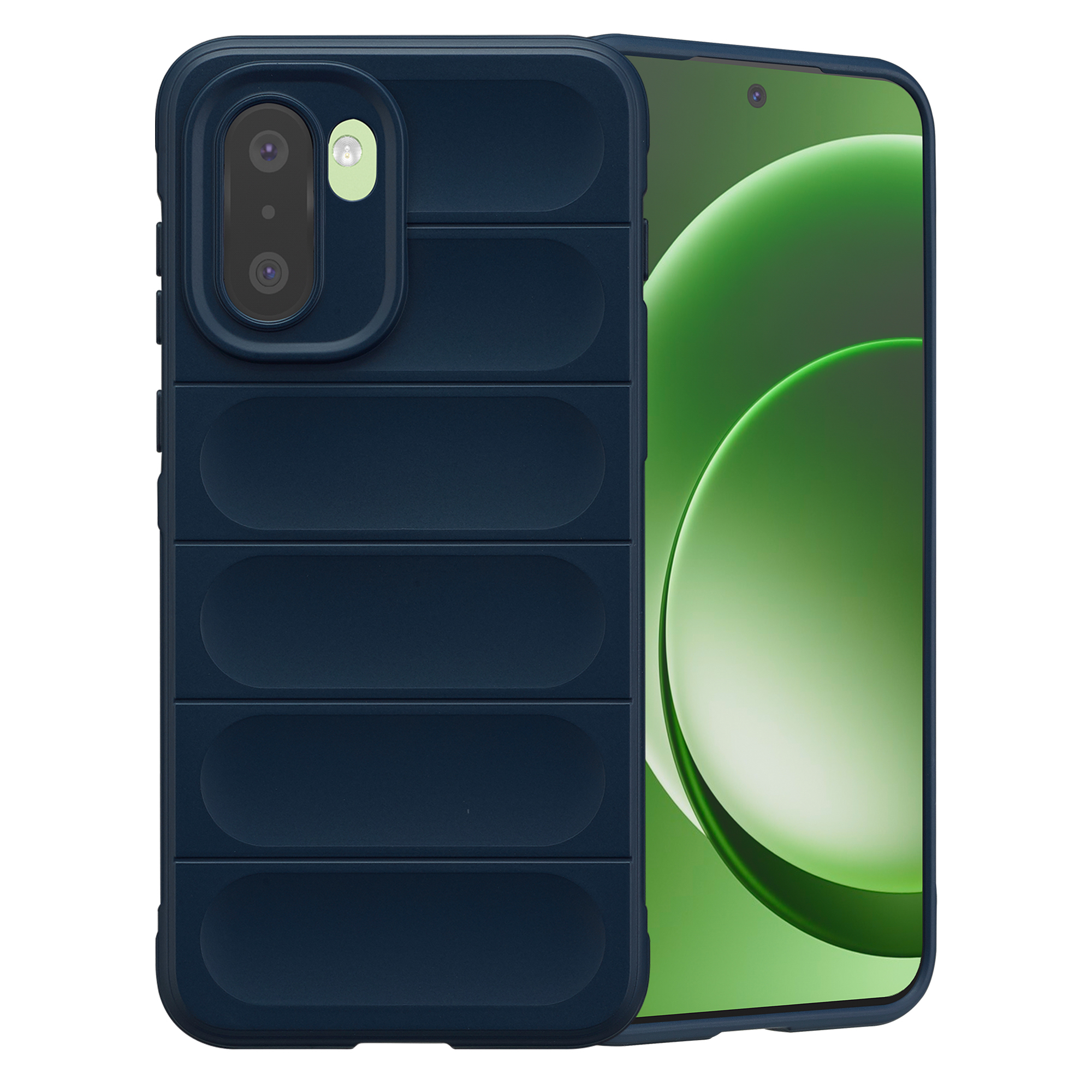 Donkerblauwe telefoonhoes met horizontale ribbels en een camera-opstelling.