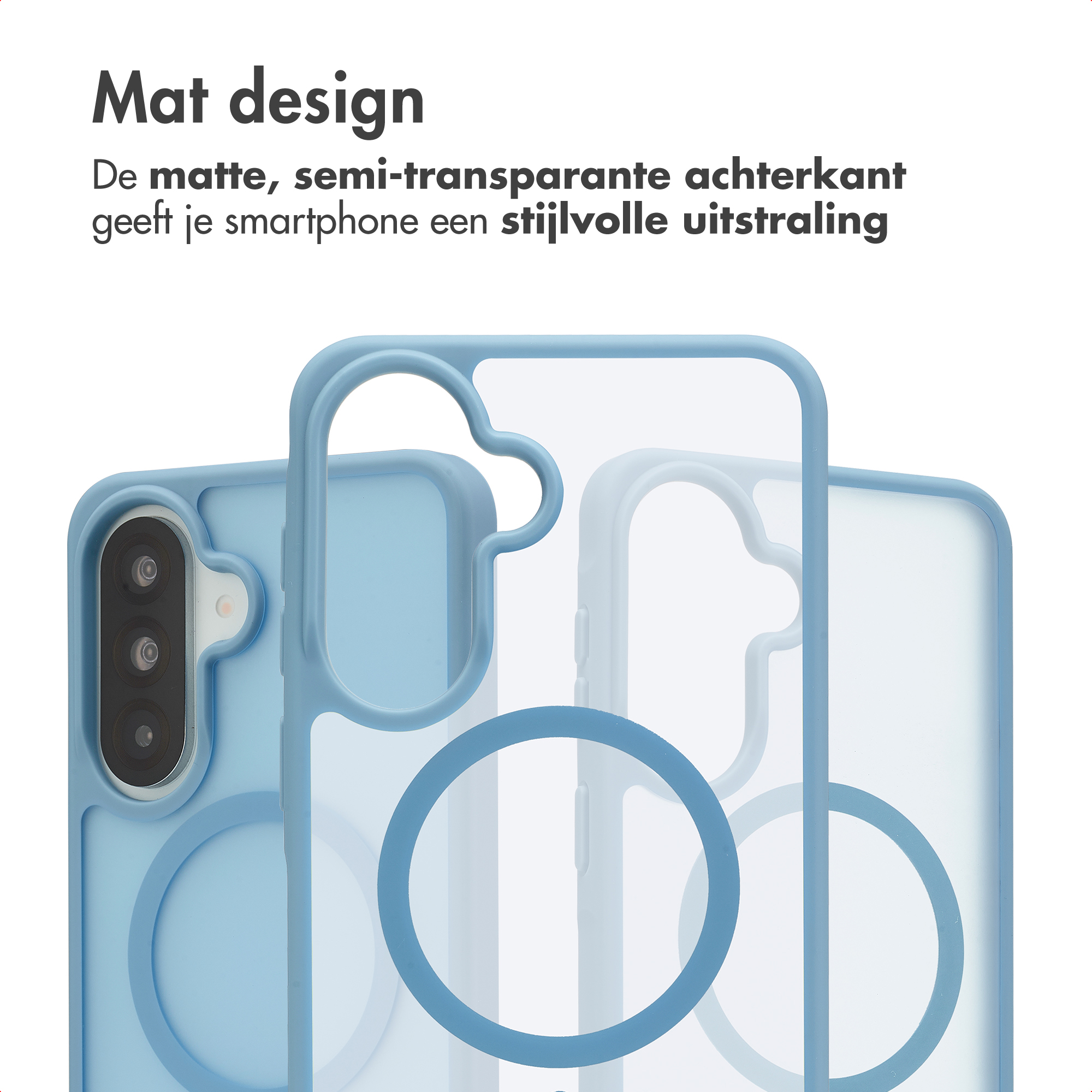 Coque de téléphone bleu clair, mate et semi-transparente avec motif circulaire.