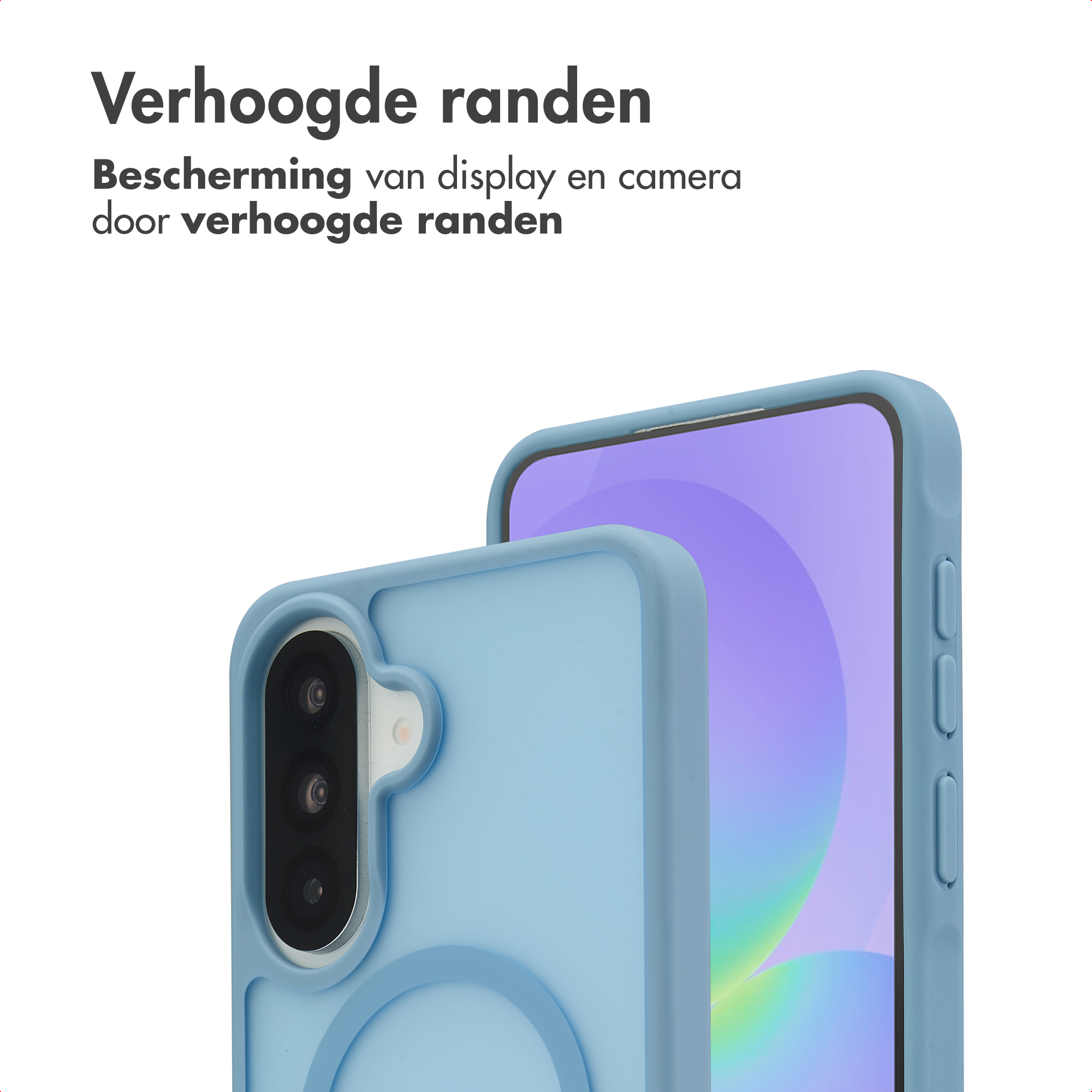 Deux coques de téléphone bleu clair, l'une montrant les caméras, l'autre l'écran.