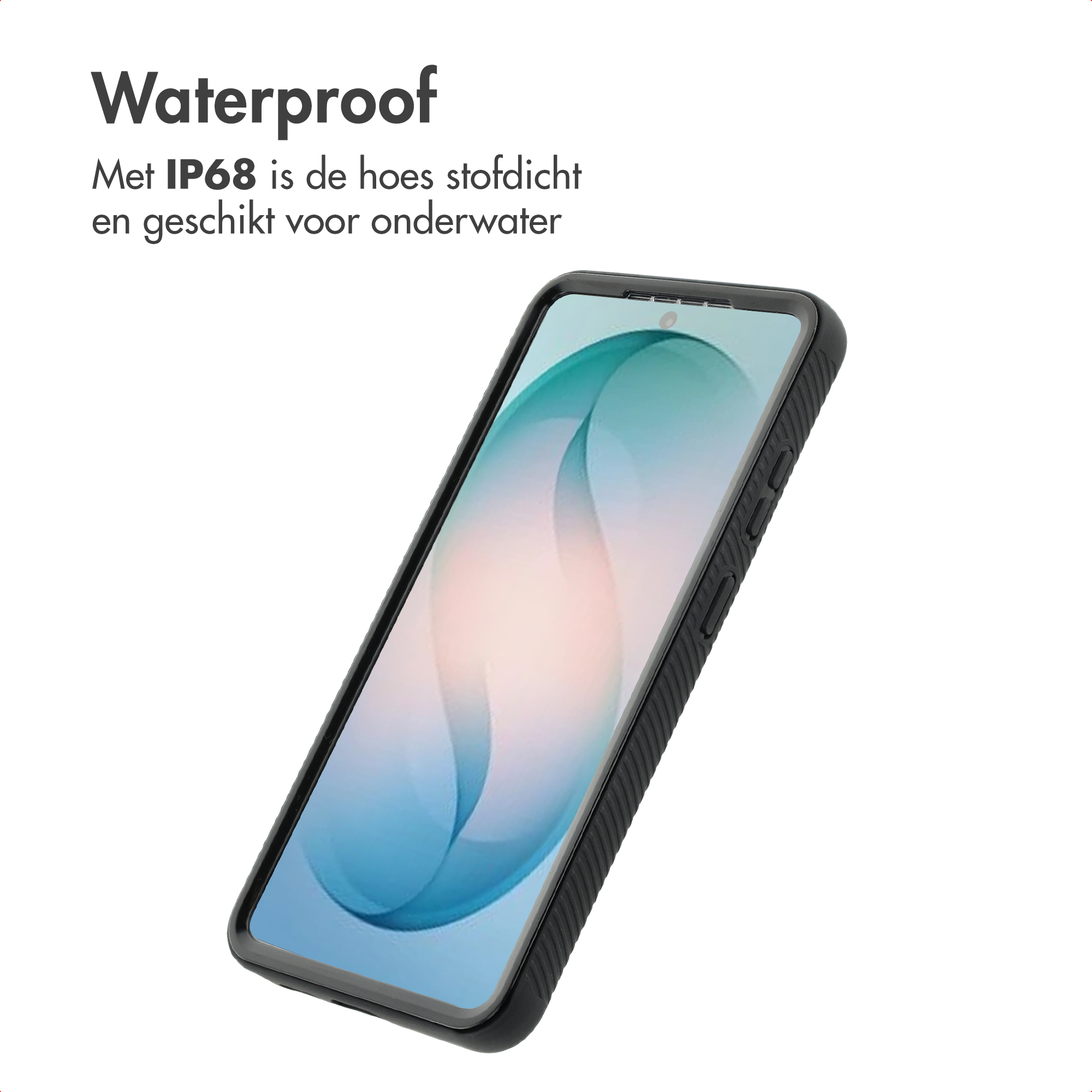 Waterdichte telefoon met zwarte hoes op gesimuleerde waterachtergrond.