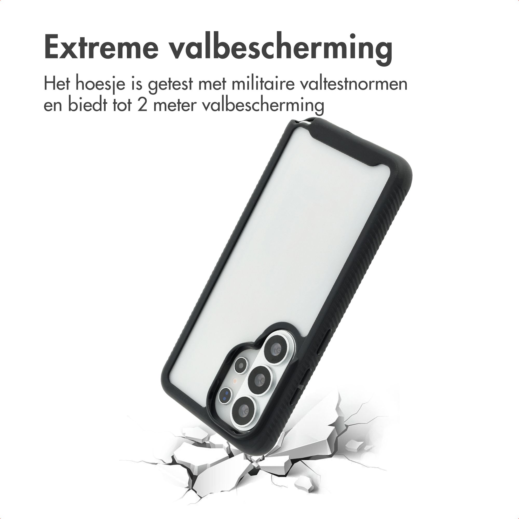 Zwarte telefoonhoes op gebarsten grond, extreme valbescherming reclame.