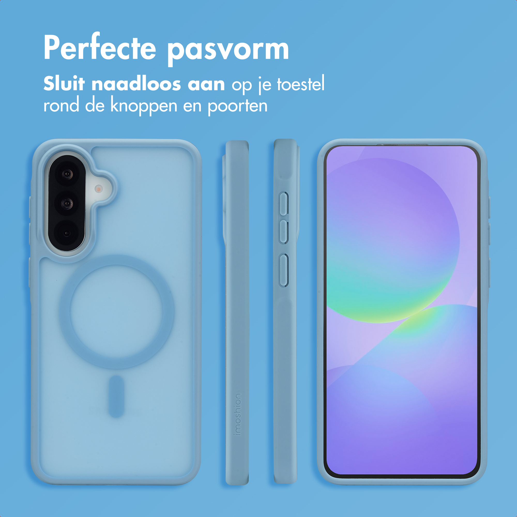 Coque de téléphone bleu clair : vue arrière, latérale et avant avec écran.