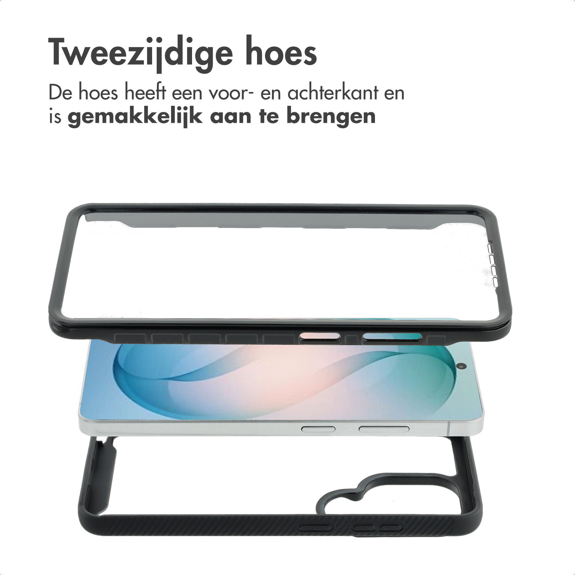 Tweezijdige hoes met transparant voorstuk en zwart frame.