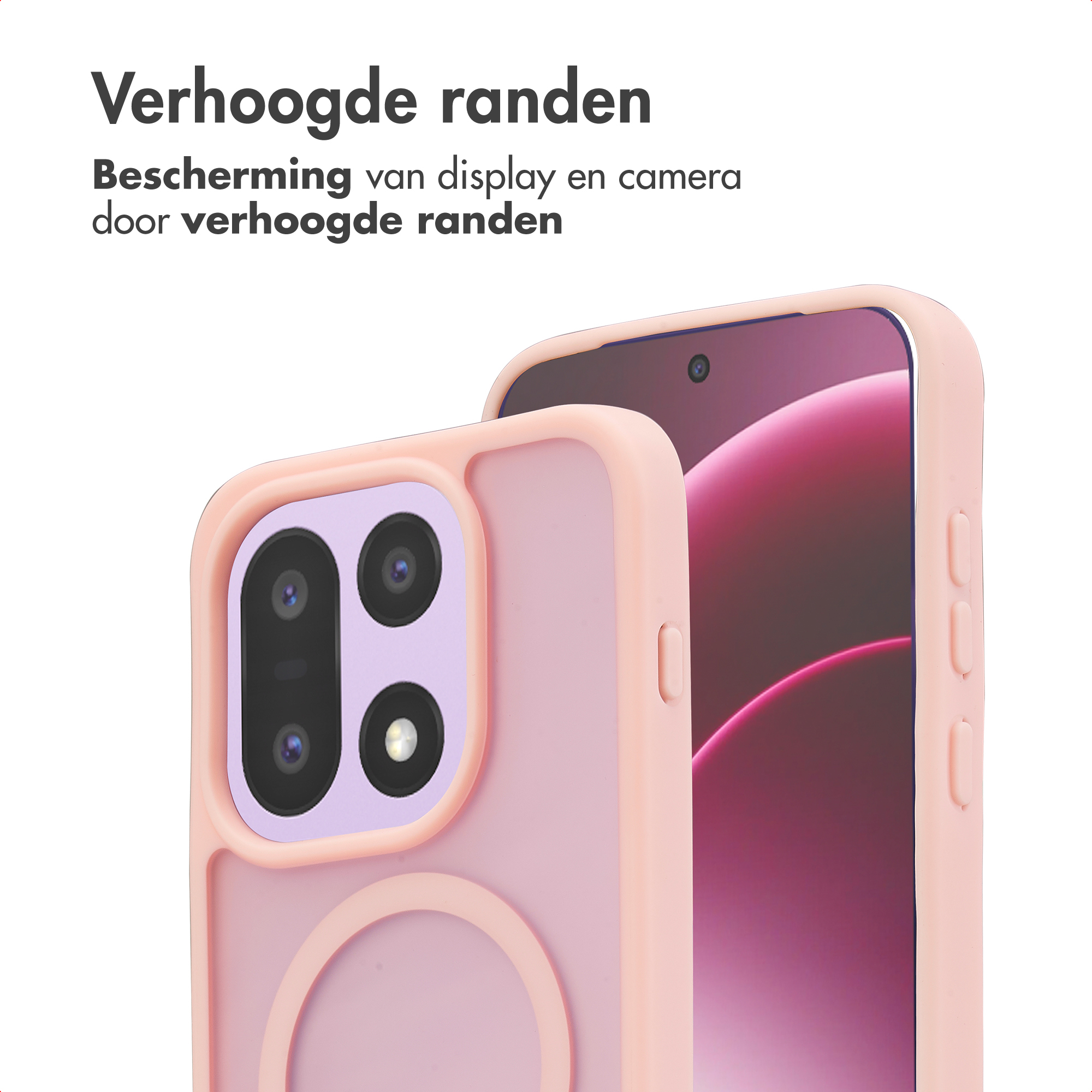 Een roze telefoonhoes met verhoogde randen, beschermt een telefoon met roze scherm.