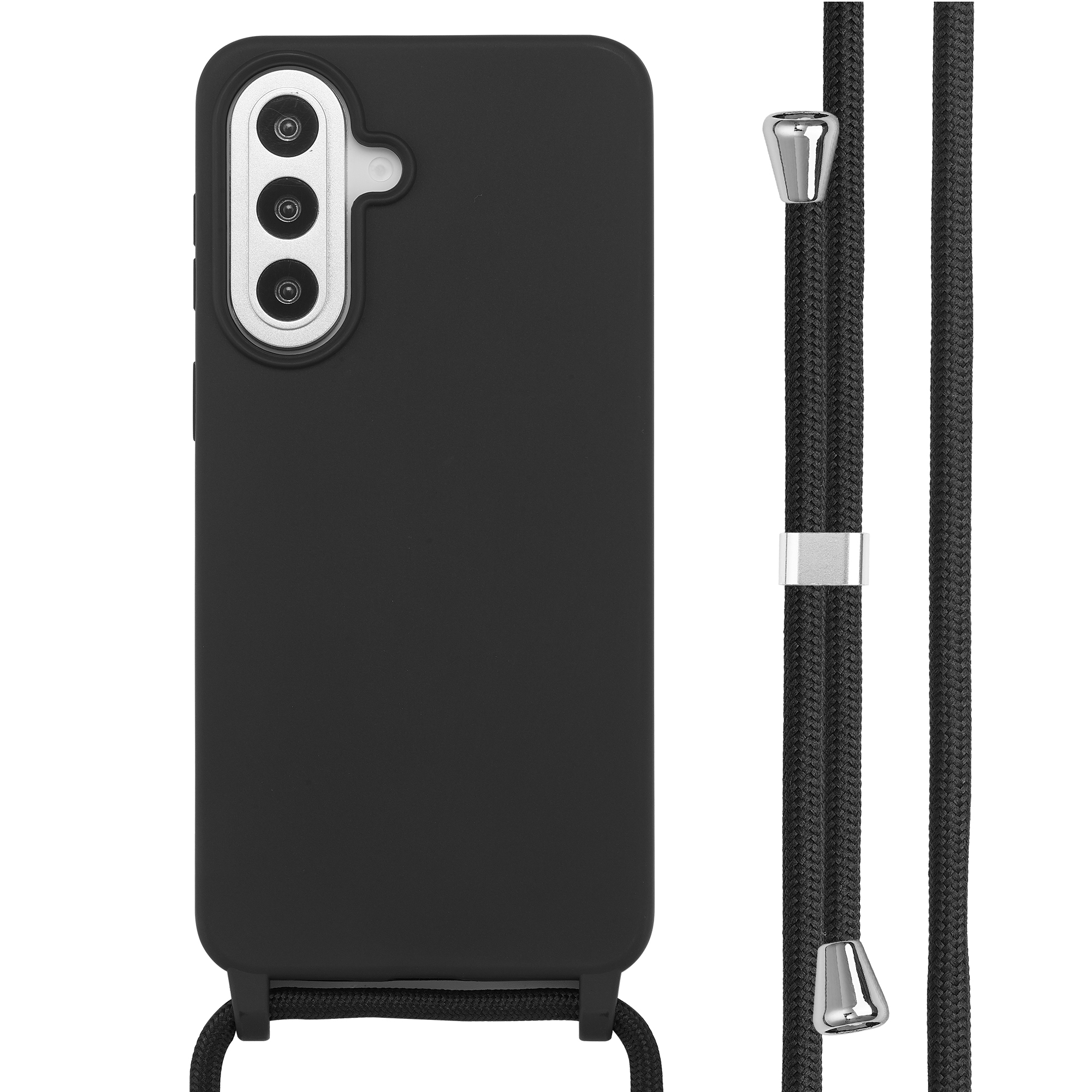 Zwarte telefoonhoes met drievoudige camera en koord.