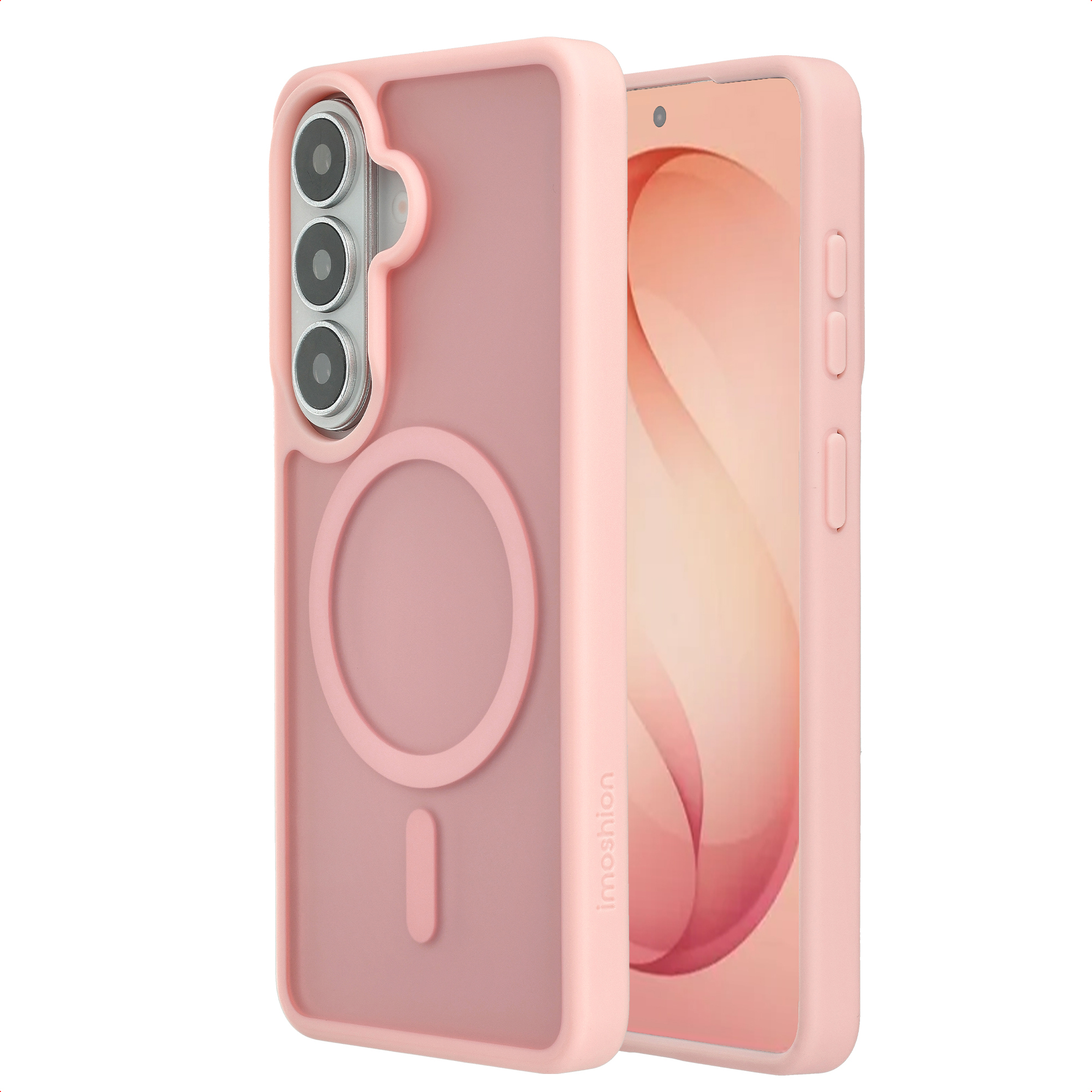 Een roze telefoonhoesje met magneetring en een telefoon met roze achtergrond.