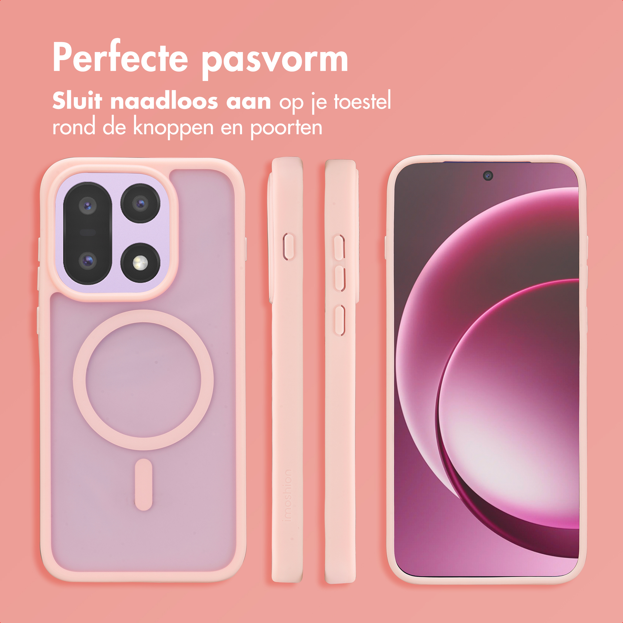 Een roze telefoonhoes toont de achterkant met camera en een scherm.