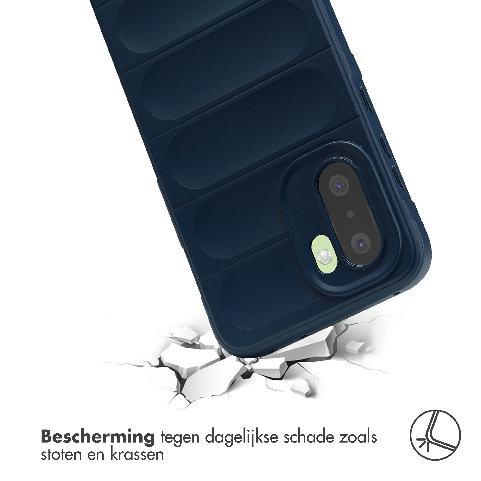 Donkerblauwe telefoonhoes breekt door wit oppervlak. Met icoon.