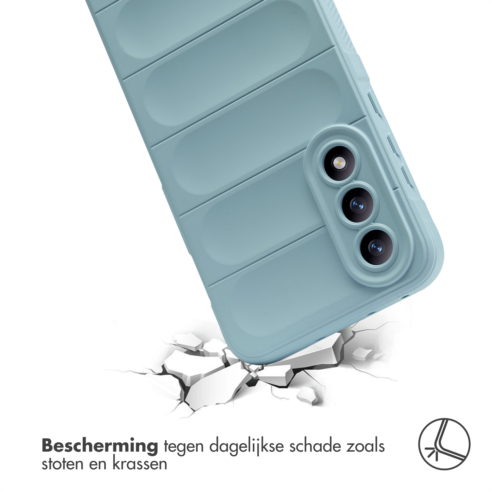 Une coque de téléphone bleue tombe et se brise sur un sol blanc.